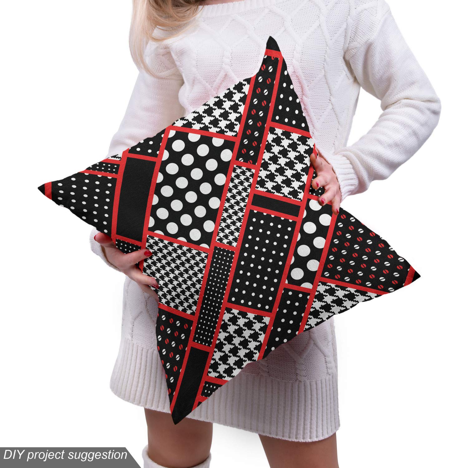 Ambesonne Red and Black Geometric Fabric by The Yard - Retro Rectangle Frames, Polka Dots & Houndstooth Pattern - Upholstery & Home Decor Material (10 Yards, Black/White/Scarlet) - Perfect for Sofa Covers, Curtains & DIY Craft Projects