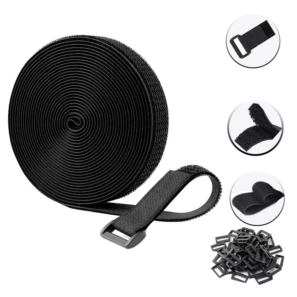 Naisfei 16Ft x 0.8In Reusable Cable Ties with 25 Buckles - Adjustable Black Hook and Loop Straps for Bike, Home, Garage & Workshop Organization - Free Cut Length Securing Straps for Wires, Cables & Tools
