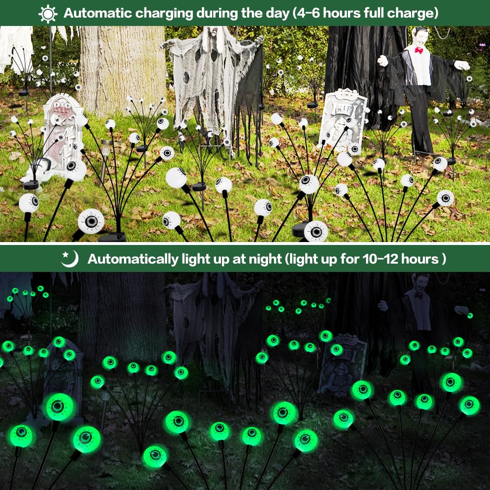 Outdoor Solar Halloween Decorations - 2 Pack 12 LED Green Scary Eyeball Lights, Waterproof Swaying Firefly Path Lights for Yard, Garden, Lawn & Party - Perfect for Spooky Halloween Night Decorations & Haunted House Themes