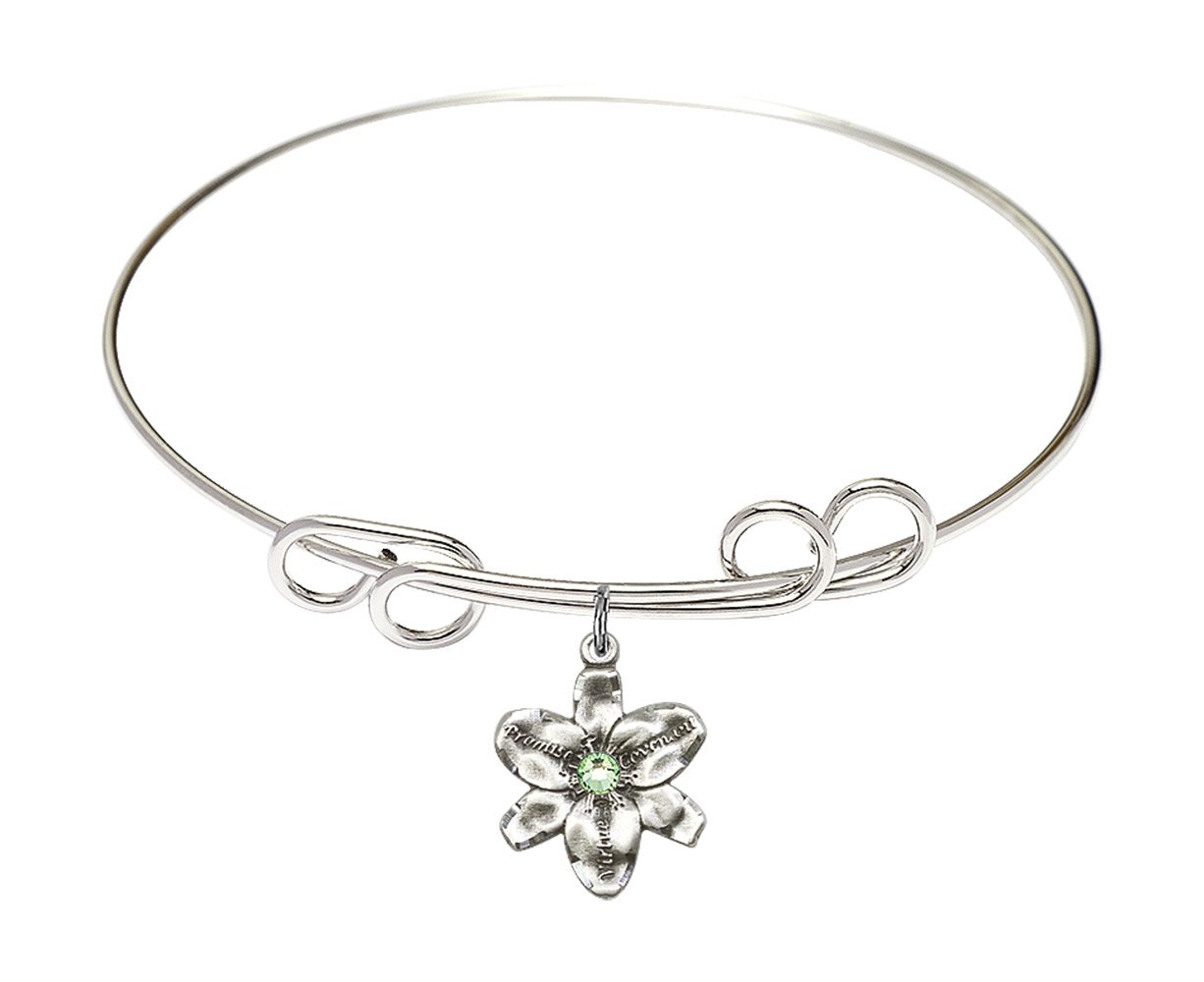 8 Inch Round Double Loop Bangle Bracelet with Chastity Medal Charm & August Green Crystal - Elegant Jewelry for Women, Perfect for Weddings, Parties, and Everyday Wear