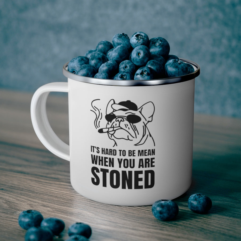 Funny Camping Mug - Insulated Enamel Travel Coffee & Tea Cup with 'It's Hard to Be Mean When You're Stoned' Design - Perfect for Outdoor Adventures, Hiking, and 420 Friendly Gifts