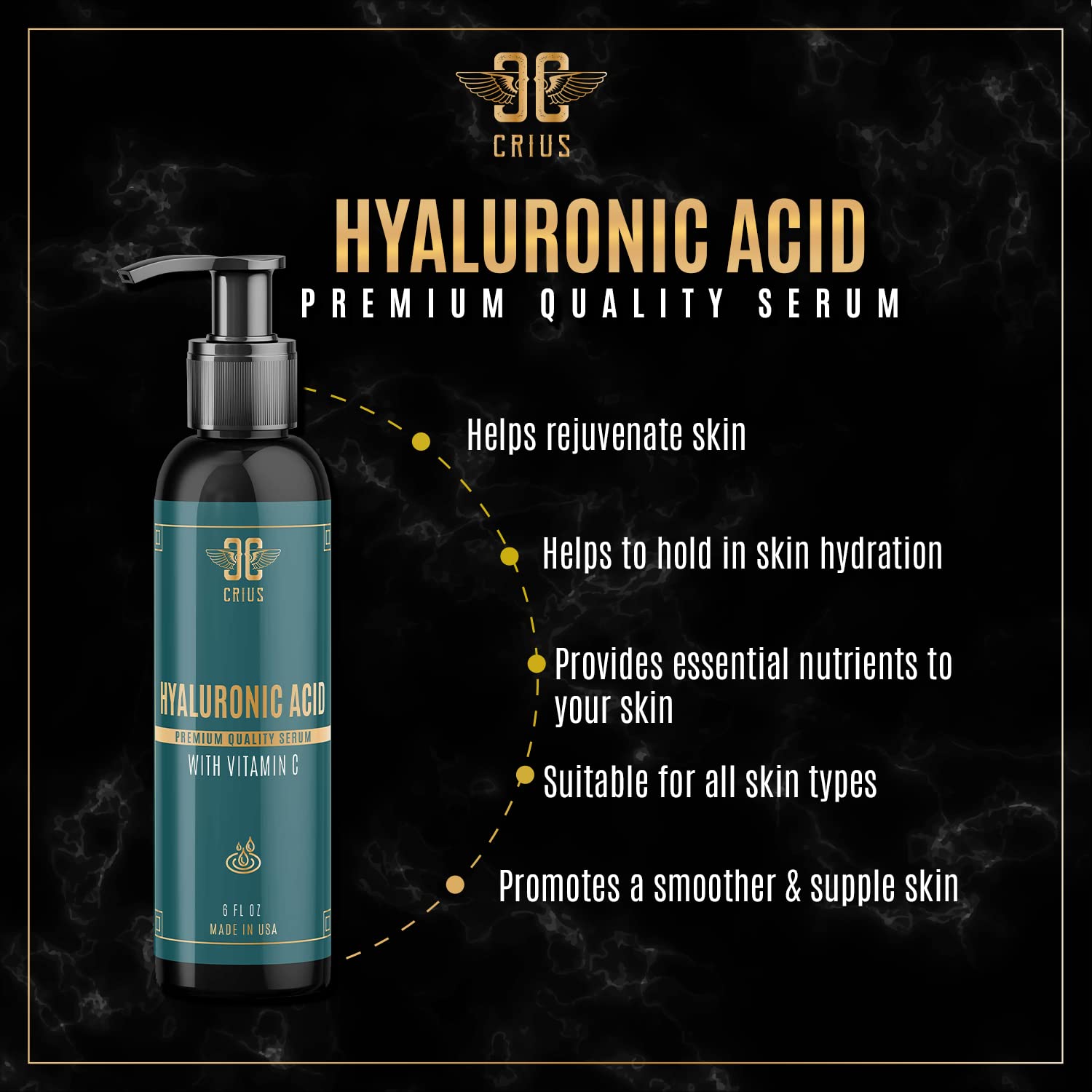 Crius Cosmetics Hyaluronic Acid Serum with Vitamin C & E - Brightening & Pigment Correcting Facial Treatment (6 Oz) - Perfect for Dry Skin & Anti-Aging Daily Skincare Routine