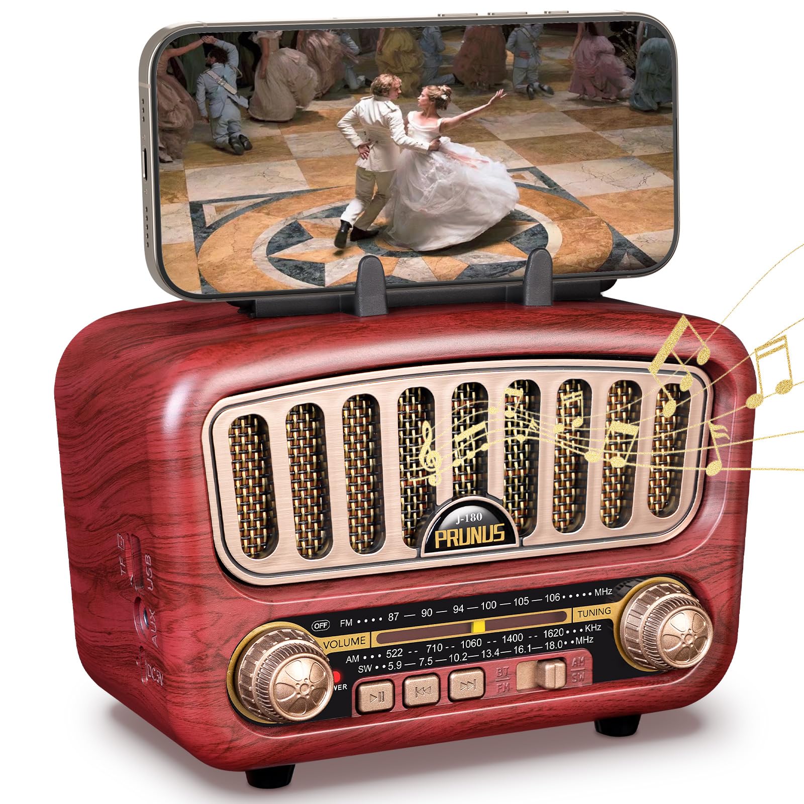 Vintage Retro Bluetooth Speaker with Stereo Sound - PRUNUS J-180 Portable AM/FM Radio, Loud Volume, BT5.0, TF Card & MP3 Player, Rechargeable Battery - Perfect for Home, Office, Outdoor & Travel Use