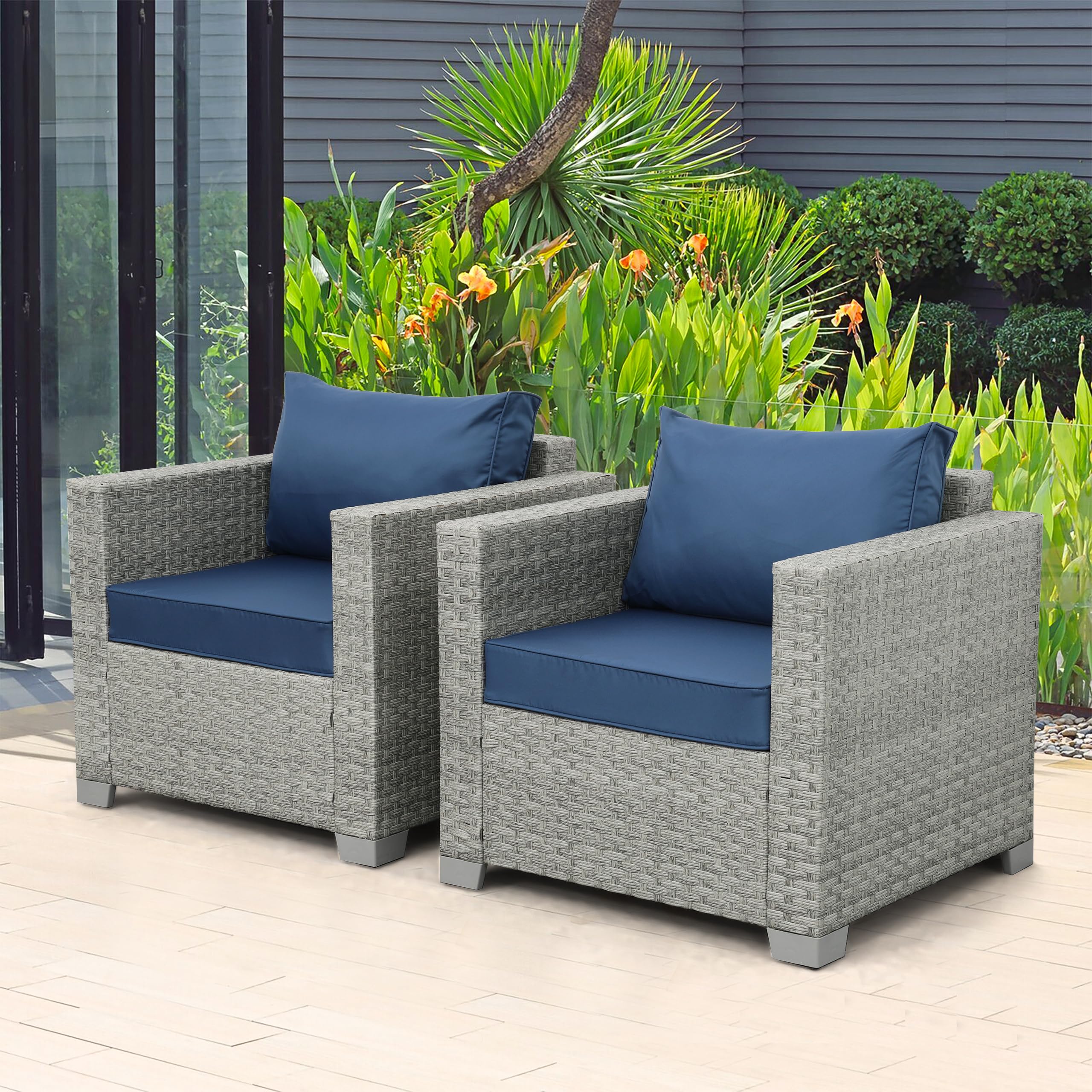WAROOM 2-Piece Outdoor Wicker Patio Sofa Set - Grey Rattan Deep Seating Armchairs with Blue Cushions, Perfect for Porch, Balcony, Garden & Poolside Relaxation