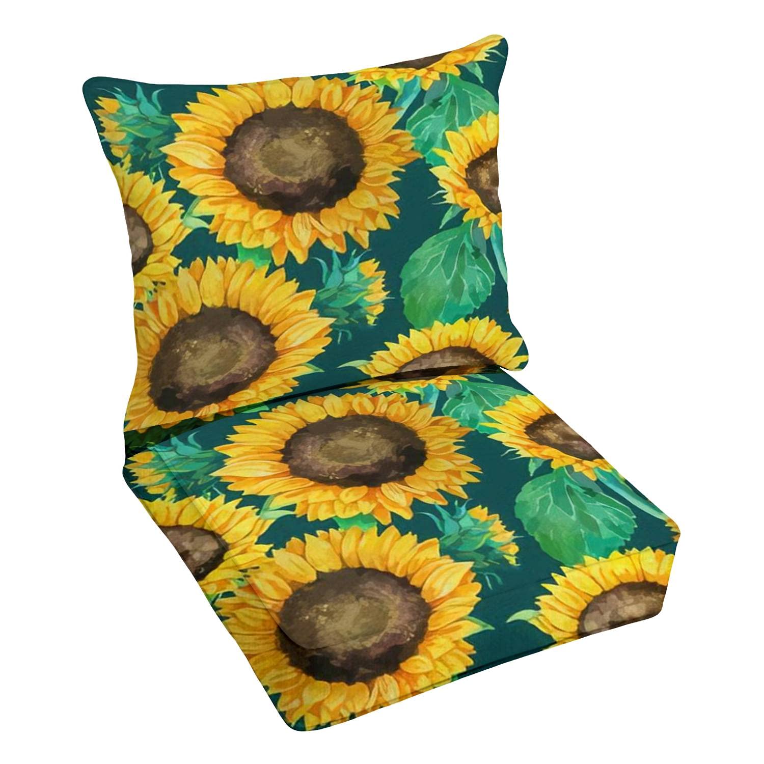 Outdoor Deep Seating Cushion Set - Watercolor Sunflower with Green Leaves Design, Premium Patio Furniture Replacement Cushions for Lounge Chairs & Conversation Sets | Perfect for Backyard, Poolside & Garden Relaxation