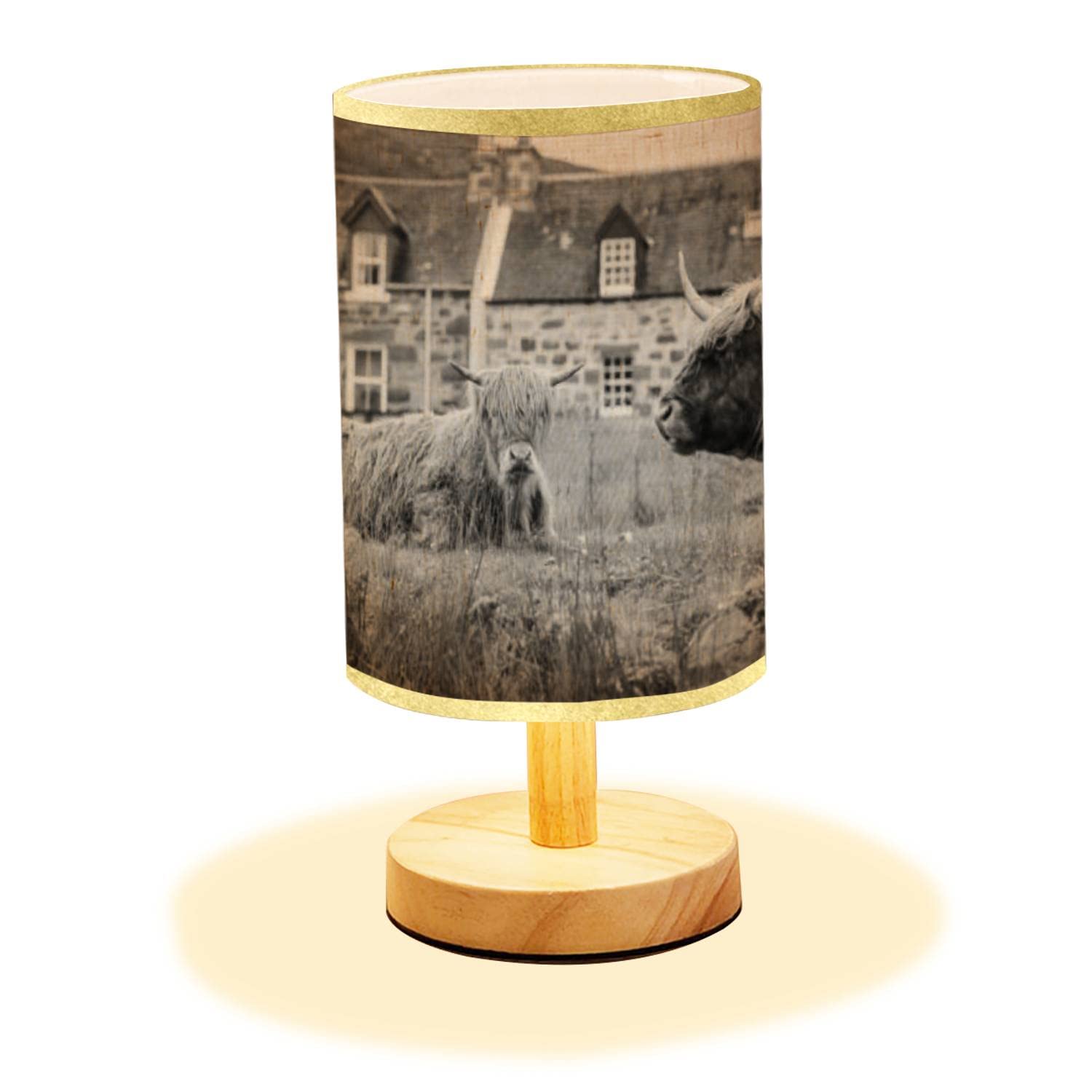 Minimalist Wooden Highland Cow Nightstand Lamp with Flaxen Fabric Shade - Modern Bedside Table Light for Bedroom, Nursery & Living Room - Perfect for Reading, Relaxation & Home Decor