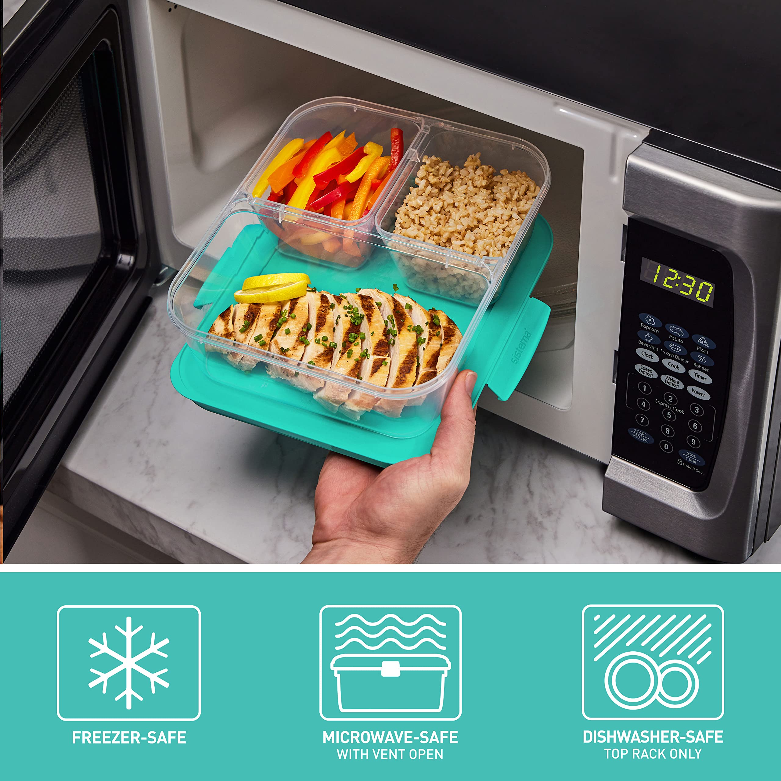 Sistema Nest It Meal Prep Food Storage Containers with Lids - 3 Compartment Bento Box Style - 5-Pack Airtight Containers for Lunch, Office & Meal Prepping - BPA-Free Plastic - Teal Color