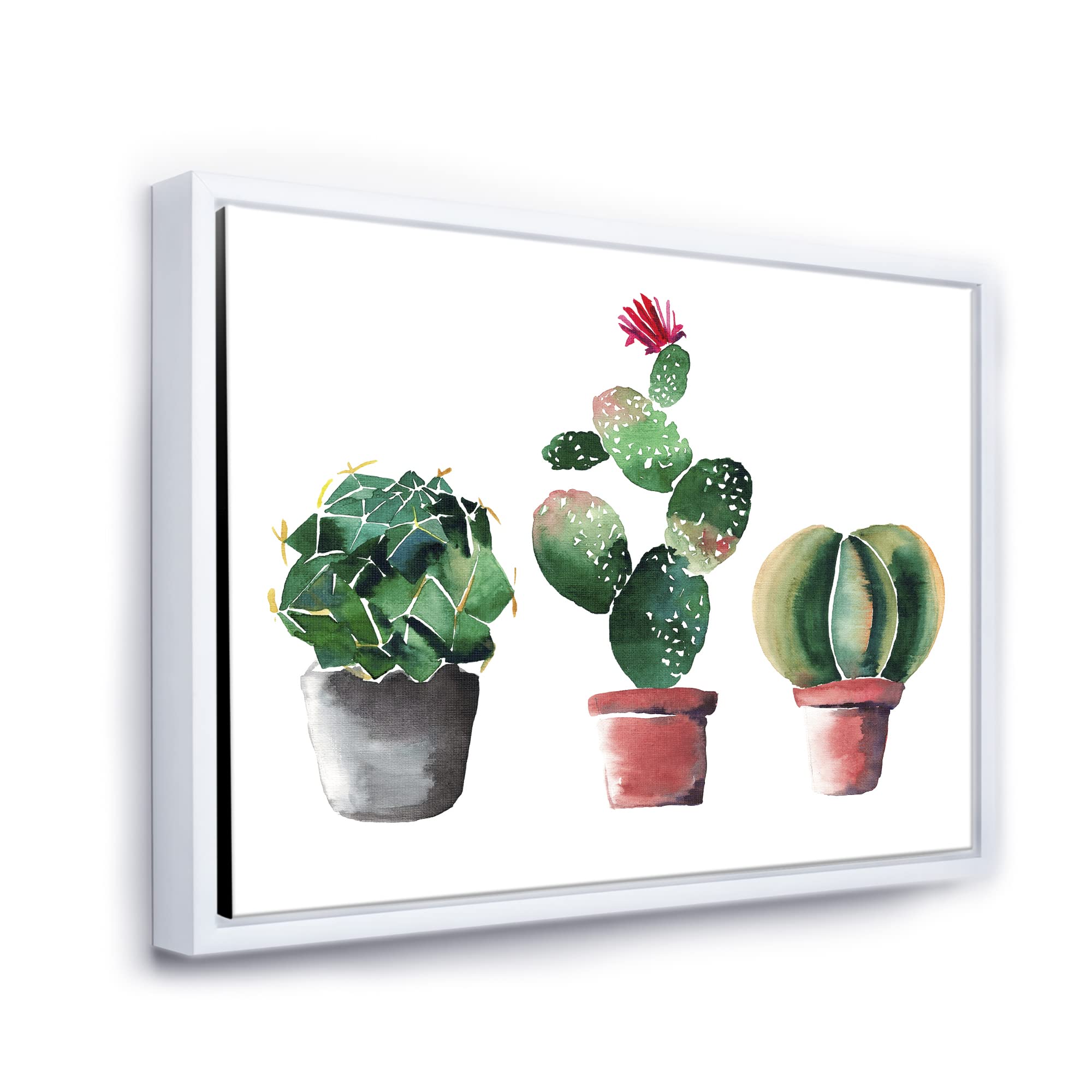 DesignQ Three Cactus In Clay Pots - Traditional Framed Canvas Wall Art Print for Home, Office & Living Room Decor | Southwestern Desert Plant Painting