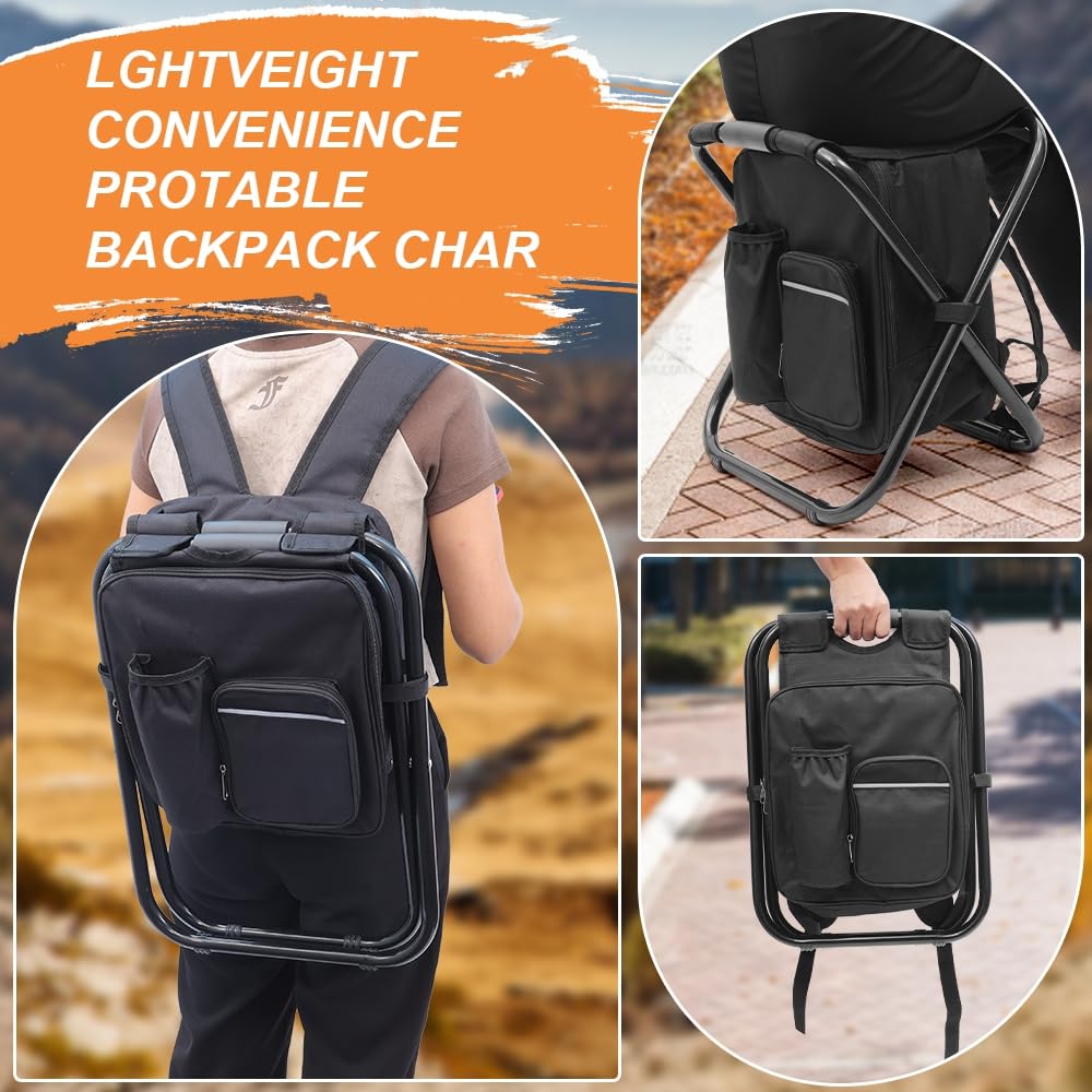 Portable Folding Camping Stool with Backpack & Cooler Bag - Lightweight Hiking Seat for Outdoor Fishing, Hunting & Picnics - Perfect for Camping, Beach & Backpacking Trips (Black)
