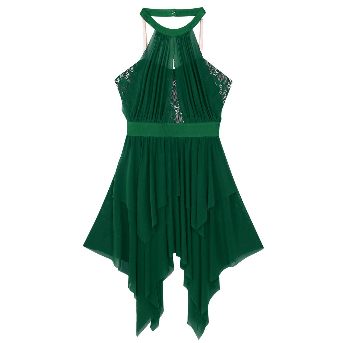 Elegant Women's Lyrical Dance Asymmetric Dress - Halter Neck Mesh Sheer Figure Skating Costume with Flowy Skirt | Perfect for Ballet, Ice Skating & Stage Performances