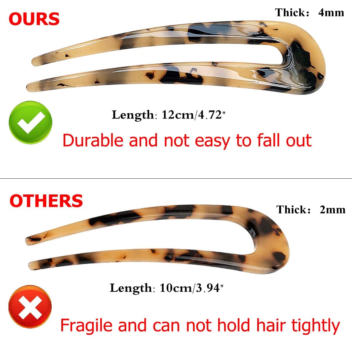 MIZORRI French Hair Fork - Tortoise Shell U Shape Updo Hair Pins for Thin & Thick Hair - 4.7 Inch Classic Cellulose Acetate 2 Prong Bun Hair Sticks - Women's Chignon Hair Accessories - Perfect for Weddings, Parties & Everyday Elegant Hairstyles