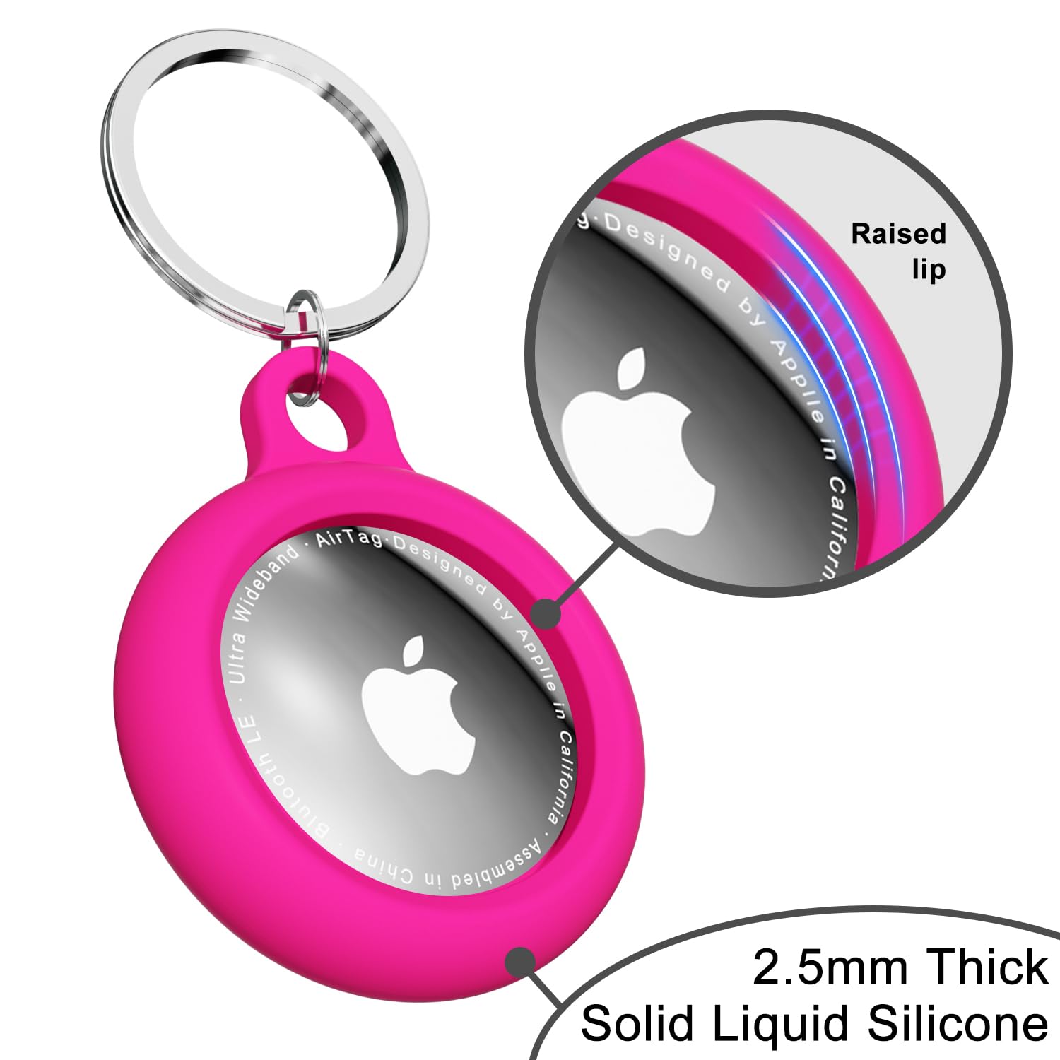 Cute Silicone Airtag Keychain Holder - Waterproof Apple AirTag Case with Key Ring, Compatible with Kids, Luggage, Dog Collar & Car Accessories (Hot Pink) - Perfect for Travel, Pet Tracking & Personal Item Security