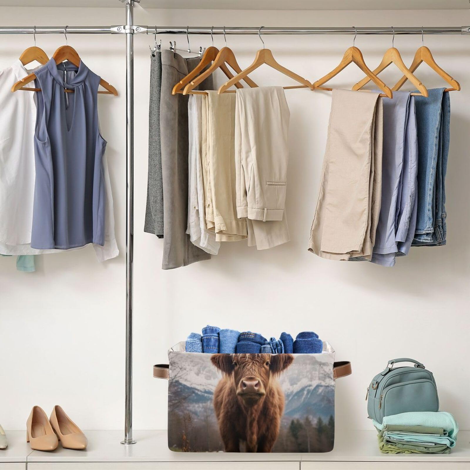 Highland Cows Foldable Storage Baskets - 2 Pack Rectangle Canvas Fabric Organizer Boxes with Handles for Clothes, Home & Office Organization | Perfect for Closet Shelves, Bedroom Decor and Laundry Storage