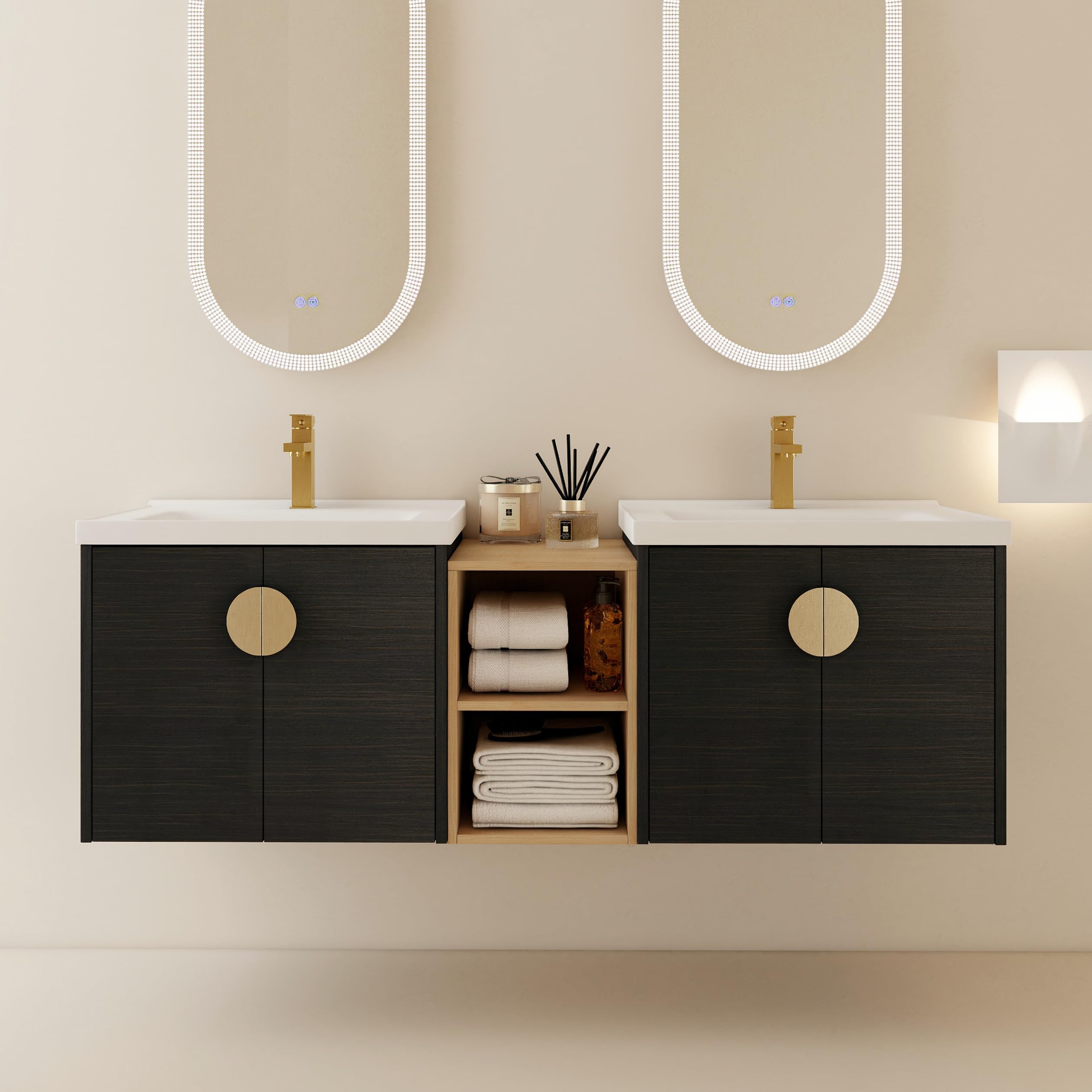 Modern 60-Inch Double Sink Floating Bathroom Vanity Set with Ceramic Sinks, Middle Storage Shelf & 2 Cabinets - Black Gold Finish | Perfect for Contemporary Bathrooms, Master Suites & Space-Saving Small Bathroom Designs
