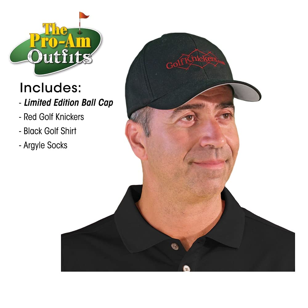 Men's Fashion Outfit - Red Microfiber Black Golf Shirt with Limited Edition Ball Cap & Over-The-Calf Argyle Socks | Stylish Casual Wear for Golf, Office & Everyday Outfits