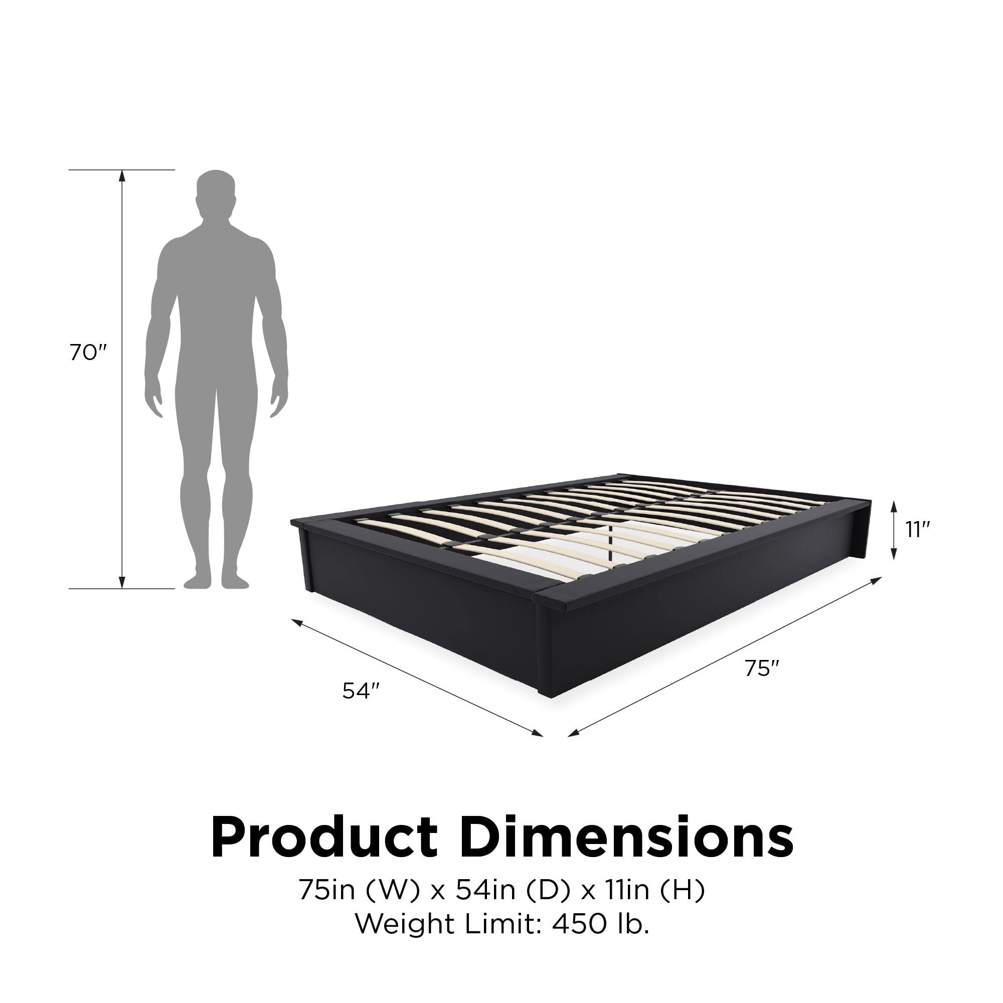 DHP Maven Full Size Upholstered Platform Bed Frame - 11 Inch Height for Elevated Mattress Support, No Box Spring Needed, Black Faux Leather - Perfect for Modern Bedrooms & Guest Rooms