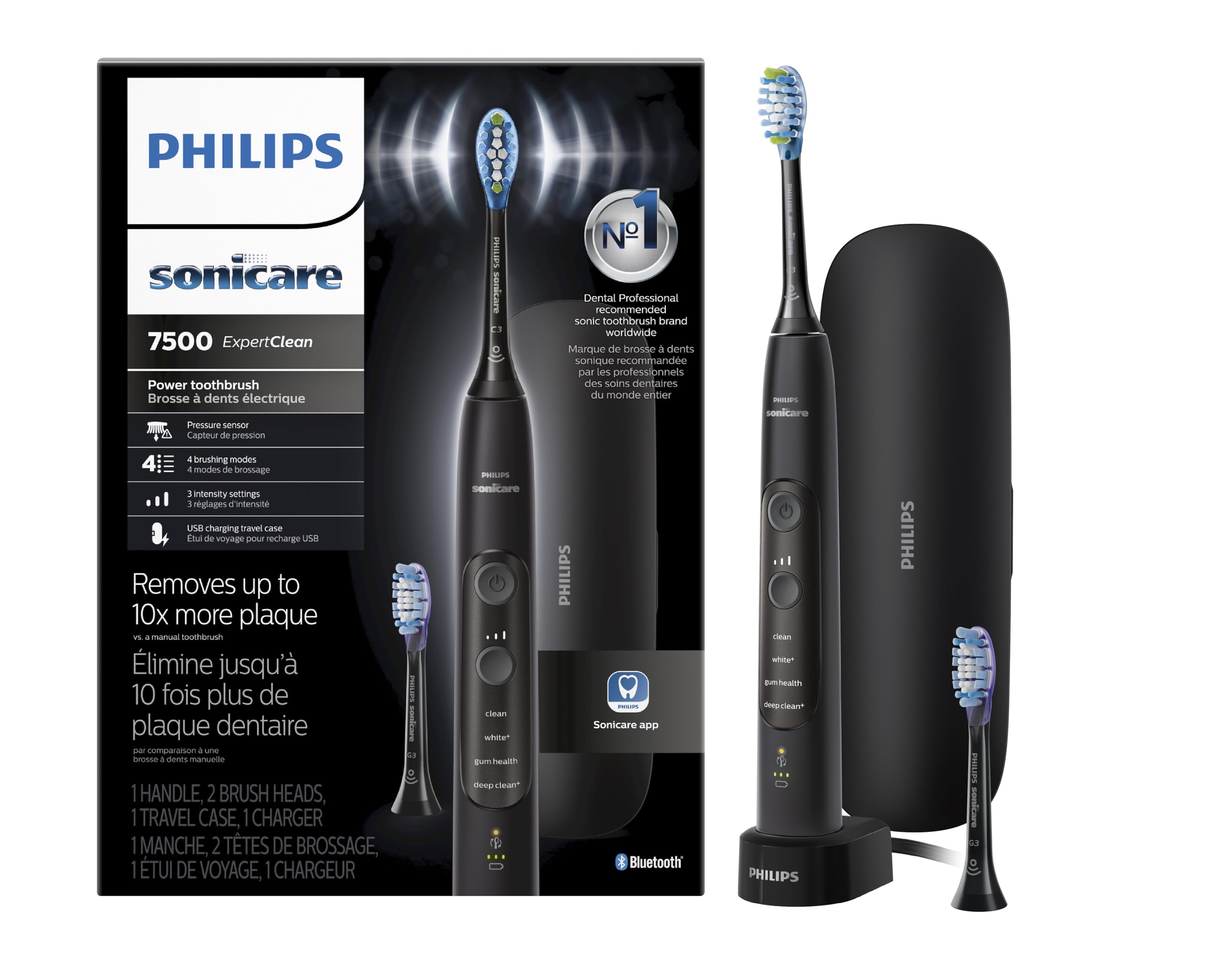 Philips Sonicare ExpertClean 7500 Black Rechargeable Electric Toothbrush with Pressure Sensor & 3 Modes - HX9690/05 for Deep Cleaning & Gum Care at Home or Travel