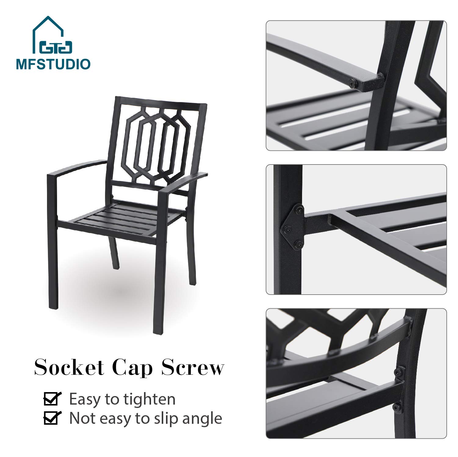 MFSTUDIO 8-Piece Outdoor Patio Dining Set with 4 Stackable Chairs, 2 Swivel Chairs, Steel Frame Table & 13ft Navy Blue Umbrella (Base Not Included) - Perfect for Backyard BBQs, Poolside Gatherings & Garden Parties