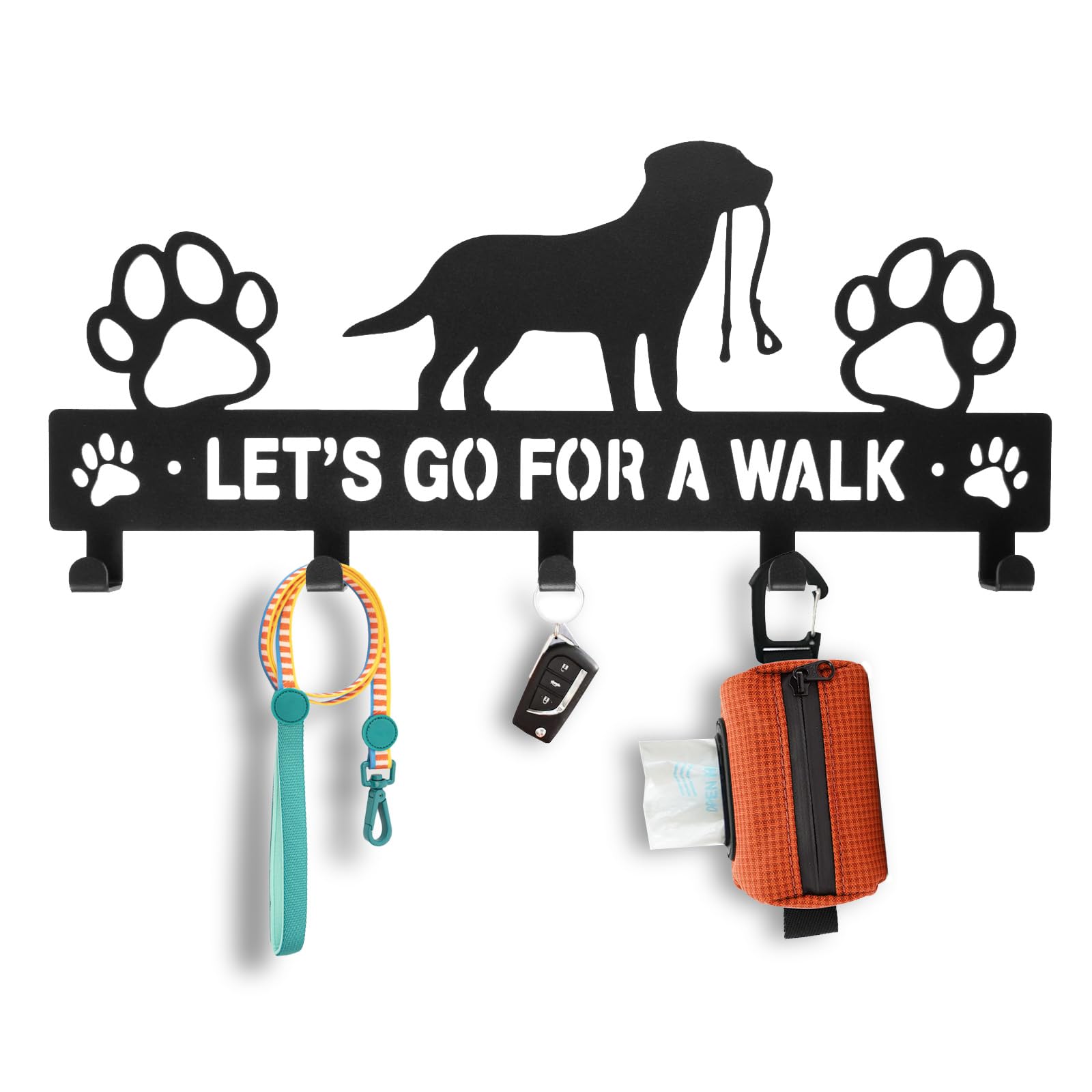 5-Hook Heavy Duty Iron Dog Leash Holder - Wall Mounted Pet Accessory Organizer for Leashes, Collars & Harnesses - Perfect for Entryway, Mudroom or Garage Organization