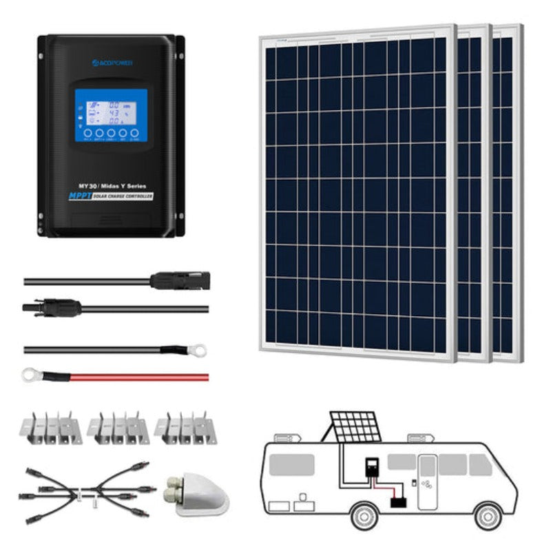 ACOPOWER 300W 12V Polycrystalline Solar Panel Kit with 30A MPPT Charge Controller for RV, Boat, Off-Grid & Camping Power Supply