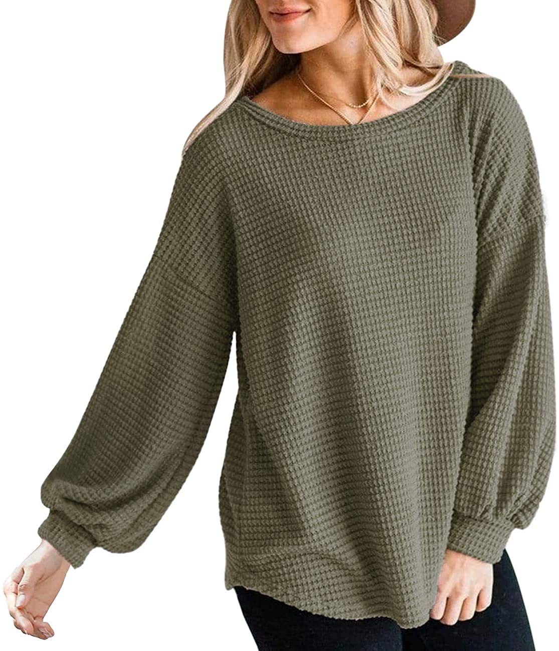 Women's Oversized Waffle Knit Sweatshirt - Long Puff Sleeve Drop Shoulder Lightweight Pullover for Casual Wear, Lounge & Fall Fashion
