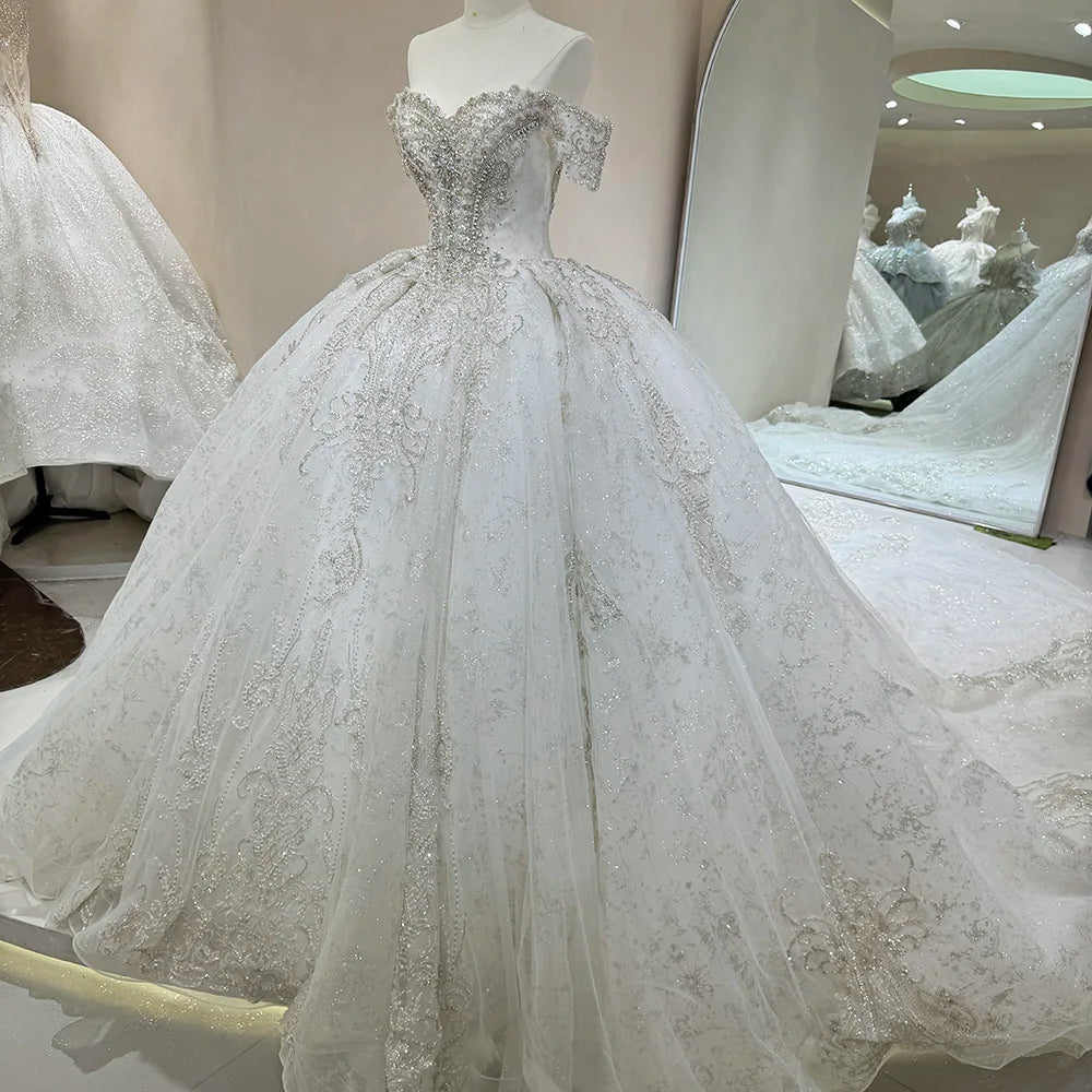 Elegant White Off Shoulder Sleeveless Wedding Gown with Long Train - Perfect for Bridal Ceremony, Formal Events & Romantic Photos