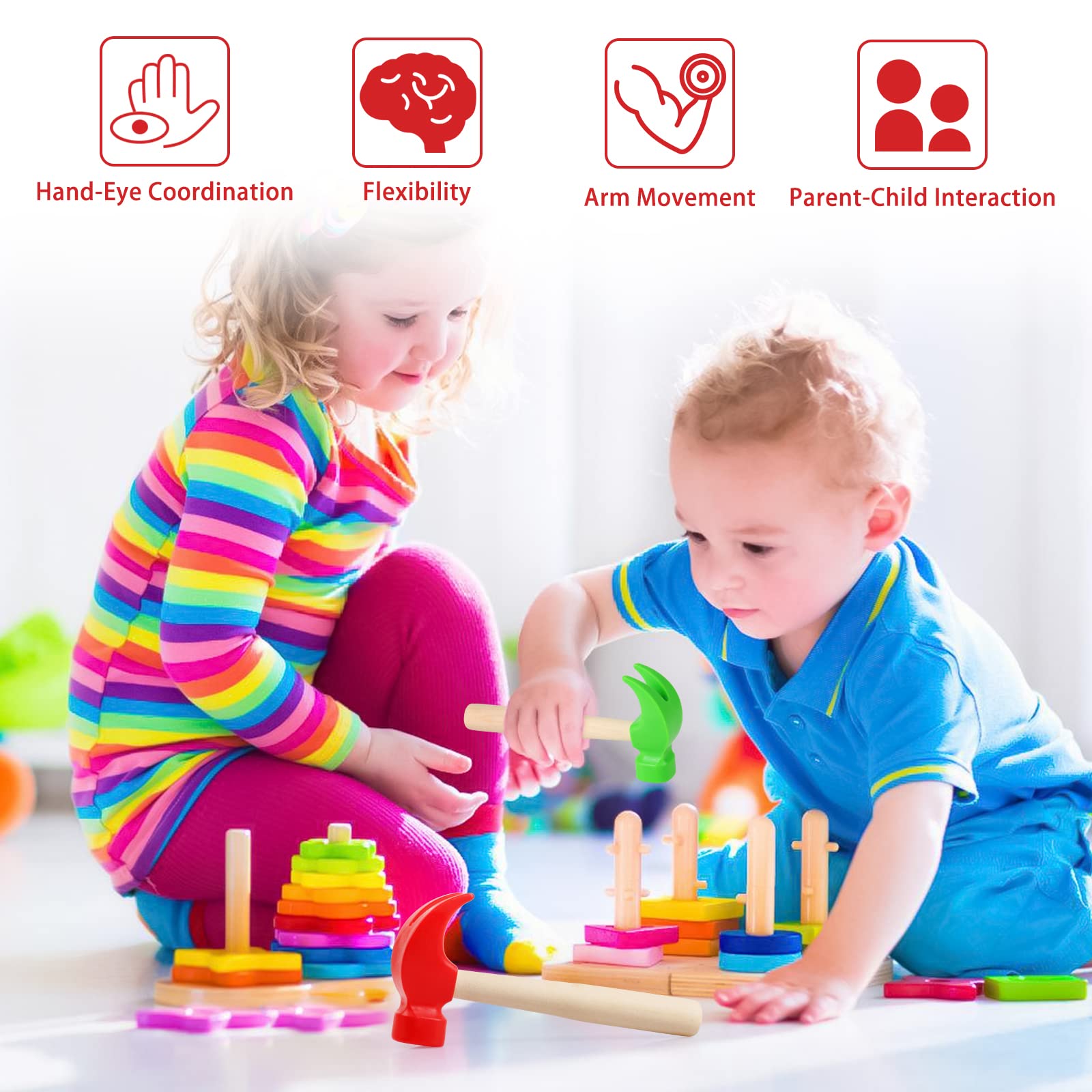 Fowecelt 3 Pack Wooden Hammer Toy Set - Kids Pretend Play Tools, Educational Construction Toys for Toddlers, Birthday Party Games & STEM Learning Activities - Perfect for Role Play, DIY Projects & Early Childhood Development