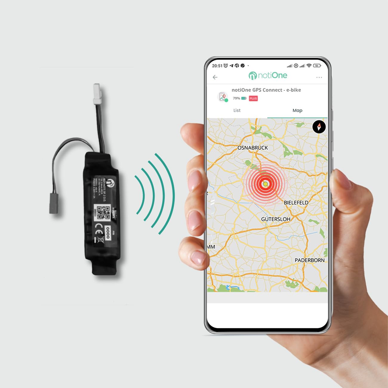NotiOne® Smart GPS Tracker for Electric Bikes - Bosch Motor Compatible | No Subscription GPS Tracker with Anti-Theft Alarm | Geofencing & Roaming | Made in Europe | Perfect for Commuting, Delivery & Outdoor Adventures