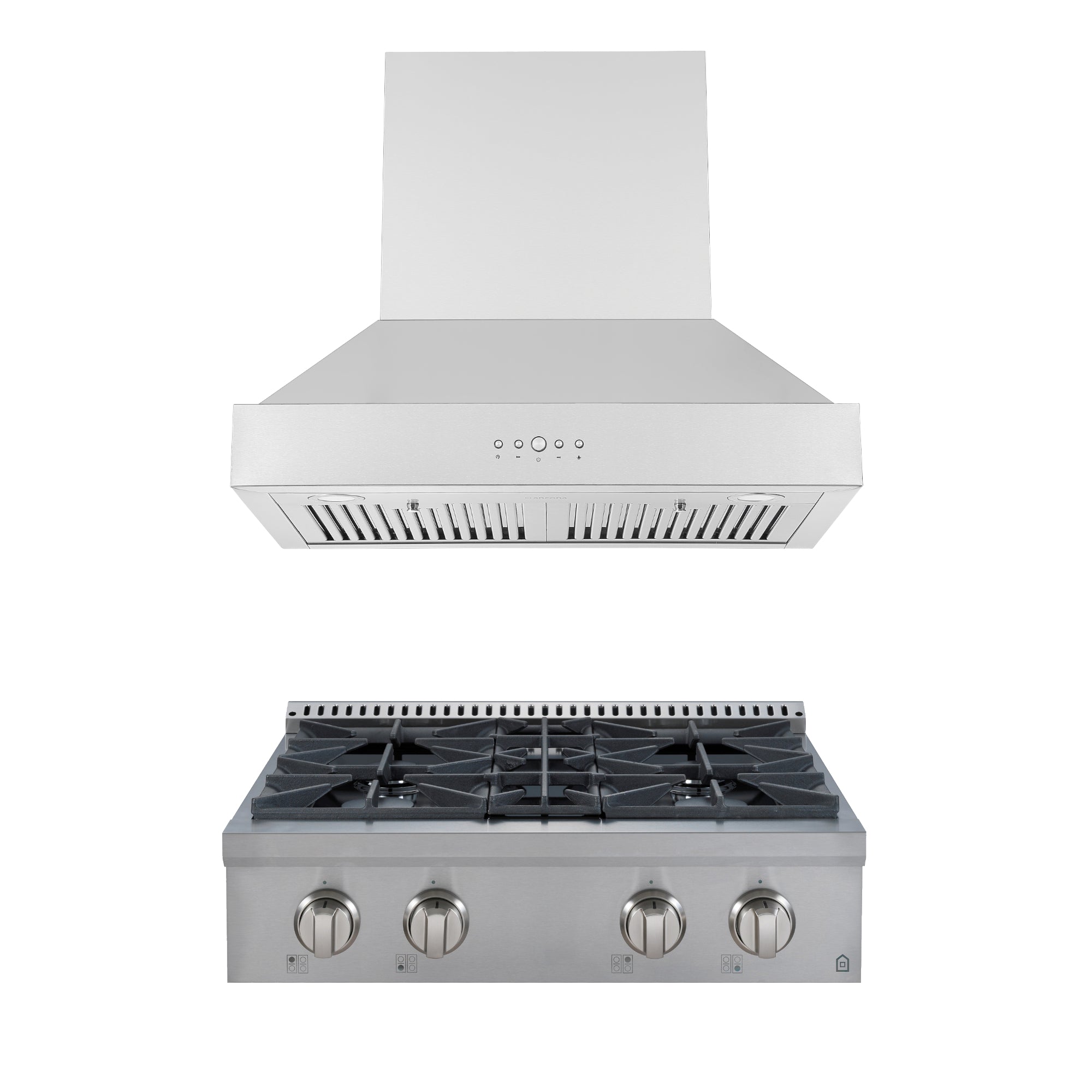 Ancona 2-Piece Commercial Kitchen Appliance Set - 30-Inch 4-Burner Gas Cooktop with 600CFM Wall Mount Range Hood - Perfect for Home Chefs & Restaurant-Style Cooking