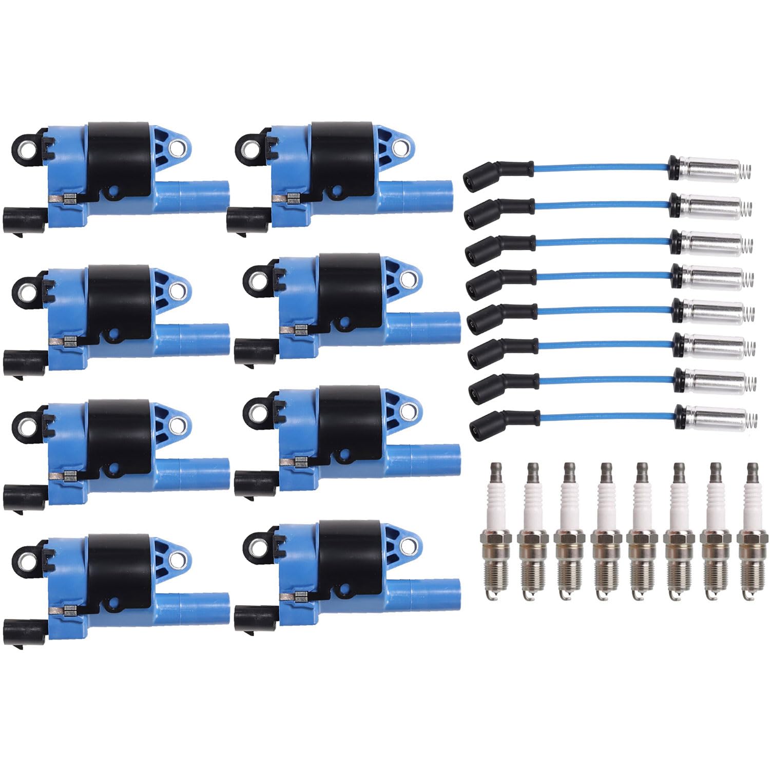 High-Performance ENA 8 Blue Ignition Coil with Spark Plug & Wire Set - Compatible with Cadillac, Chevrolet (CTS, Escalade, Express, Suburban, Savanna, Colorado, Avalanche, Canyon, Allure, Impala, Corvette, Silverado, Tahoe) - Enhances Engine Power & Fuel Efficiency for Smooth Driving
