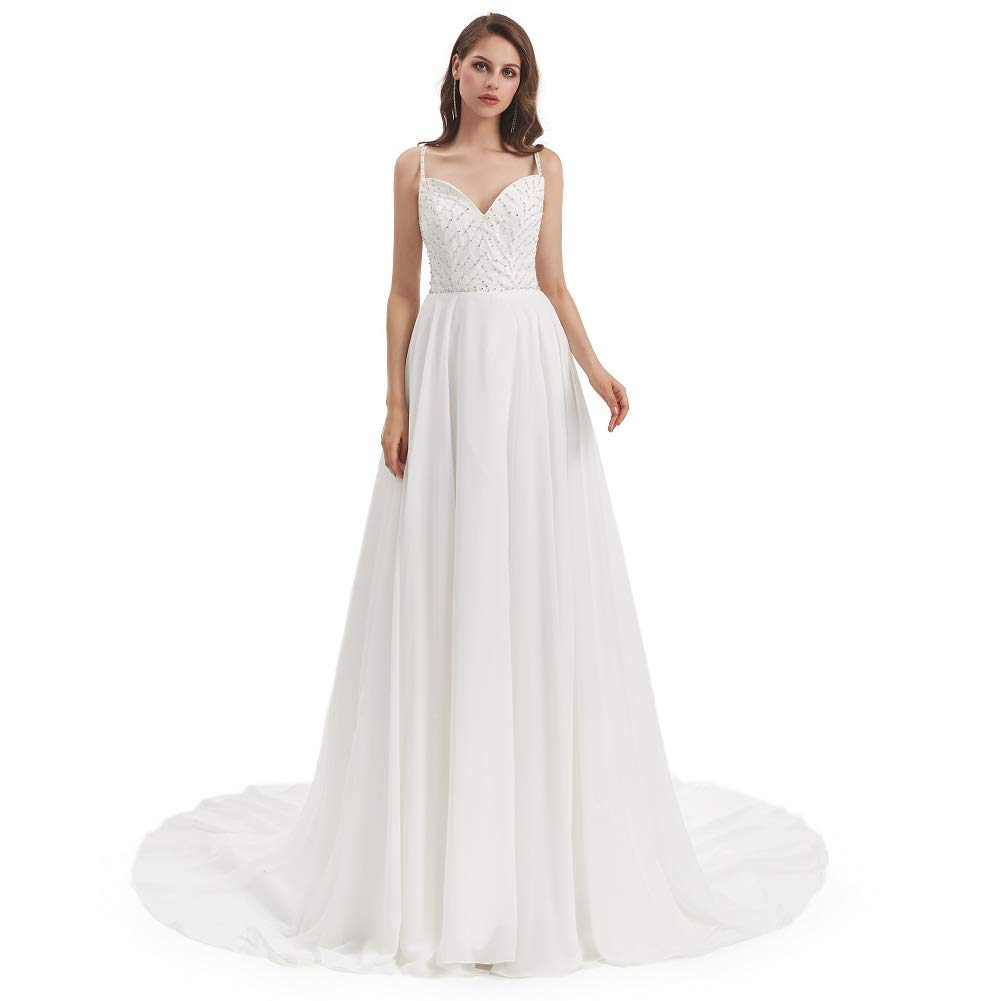 Leyidress Ivory Beaded A-Line Wedding Dress for Women – Elegant Bridal Gown for Church, Beach & Outdoor Ceremonies
