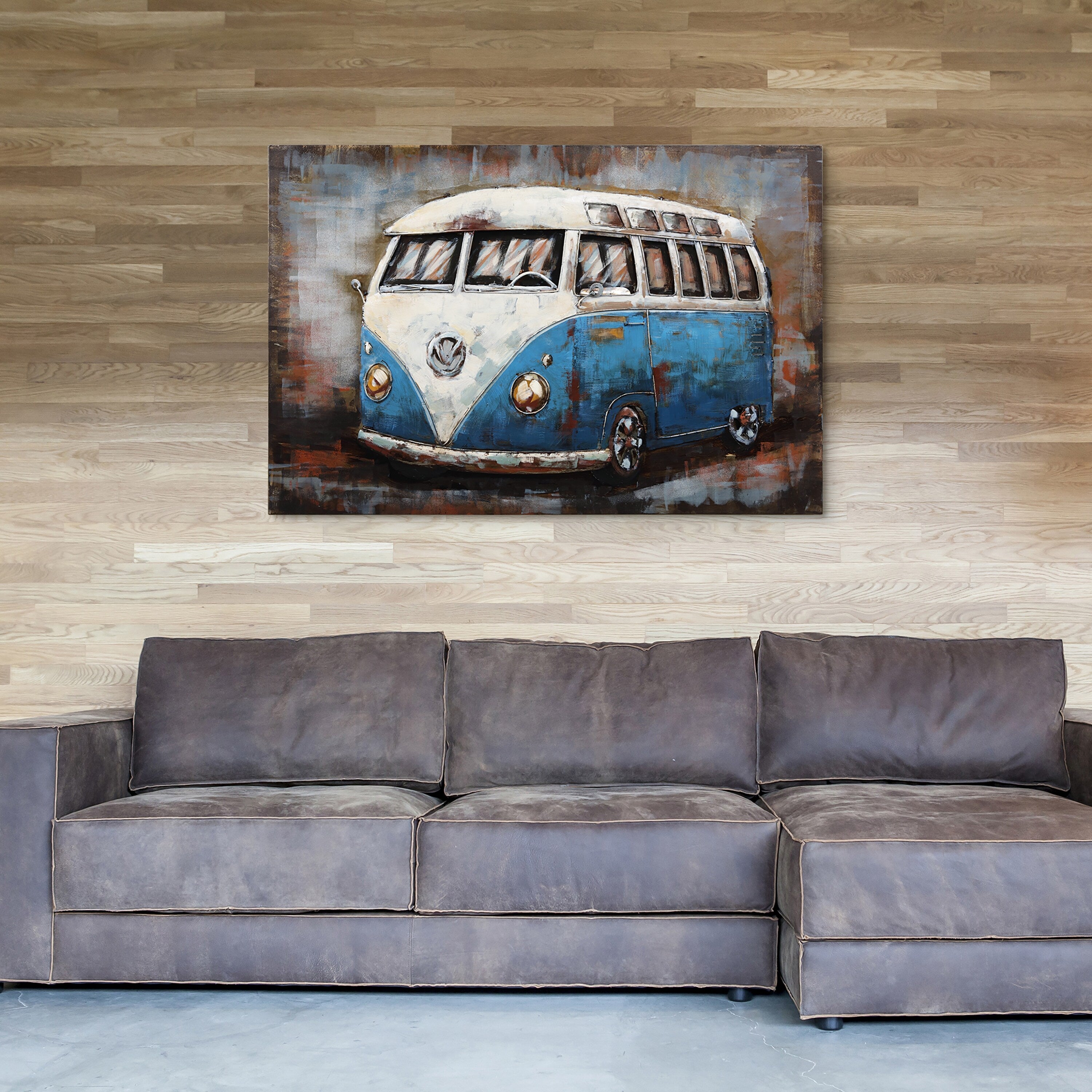 Hand-Painted Blue Bus Mixed Media Dimensional Wall Art - Unique Iron Wall Decor for Living Room, Bedroom & Office