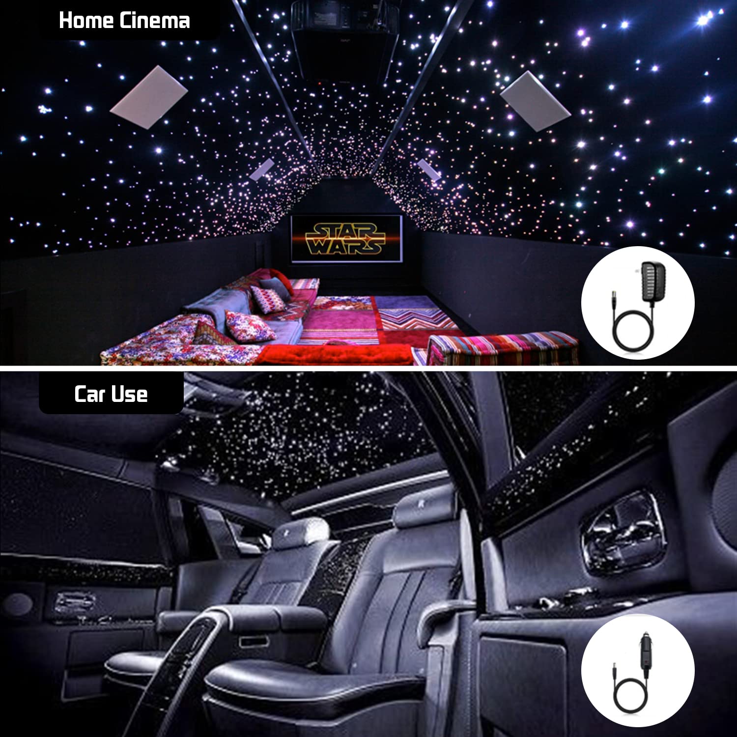 AMKI Dual Port 16W Bluetooth Fiber Optic Star Ceiling Light Kit - 620pcs 9.8ft Twinkle Lights with 0.03in/0.04in/0.06in Optical Cable, RGBW Sound-Activated & APP Control for Bedroom, Theater, Party Decor