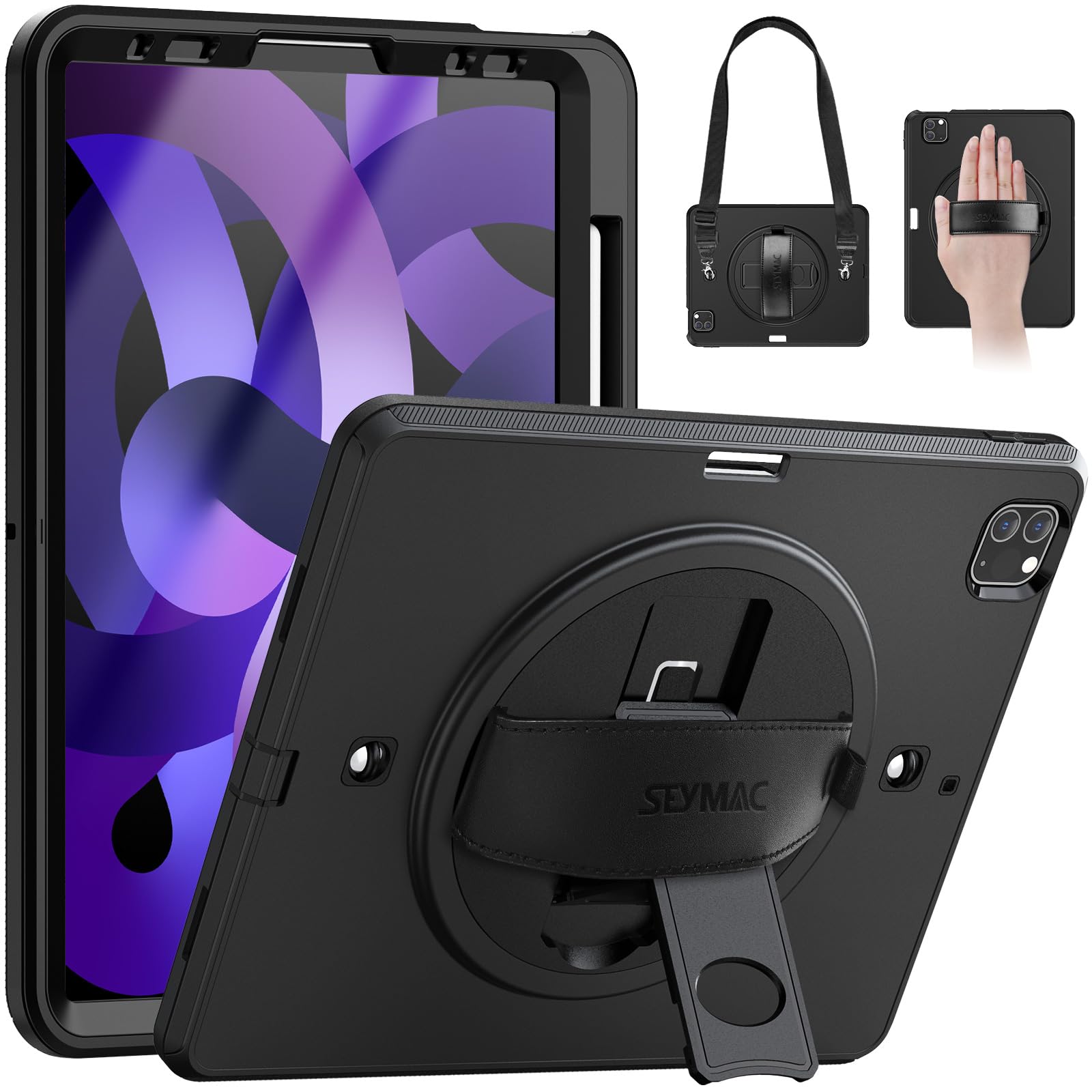 SEYMAC iPad Air 5th/4th Generation Case 10.9 Inch (2022/2020 Model) - Shockproof Protective Cover with Built-in Screen Protector, Rotating Stand, Hand/Shoulder Strap & Pencil Holder | Perfect for Work, School & Travel | Black
