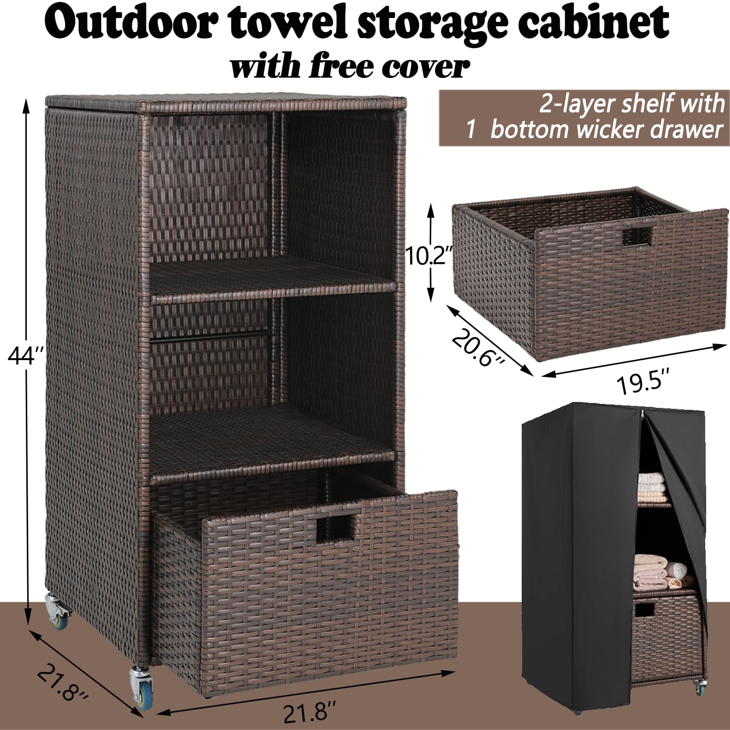 Outdoor Towel Rack for Pool - Waterproof Wicker Towel Storage Cabinet with Shelf, Drawer & Rolling Wheels - Espresso Poolside Towel Holder with Cover - Perfect for Hot Tub, Beach House & Backyard Patio