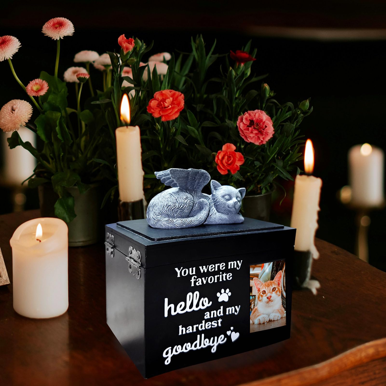 Premium Wooden Cat Urn for Ashes - Elegant Black Pet Cremation Box with Angel Charm | Memorial Keepsake for Beloved Cats | Perfect for Home Memorials & Pet Loss Comfort
