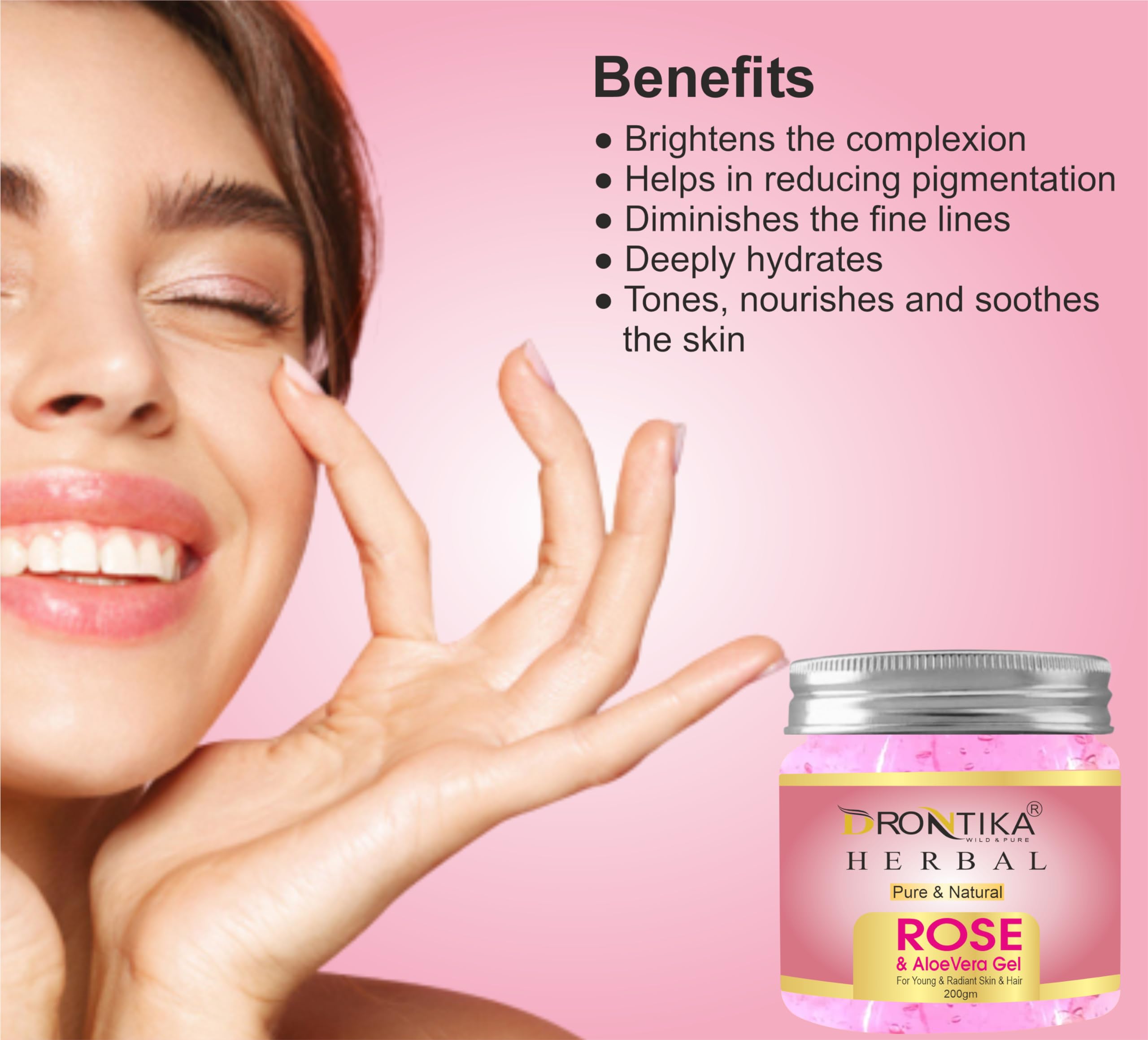 Drontika Herbal Rose Multipurpose Gel for Skin & Hair Care - Hydrating & Soothing with Hyaluronic Acid, Hibiscus, Aloe Vera & Rose Extract | Vegan, Cruelty-Free, 200g | Perfect for Dry Skin, Hair Mask & After-Sun Care