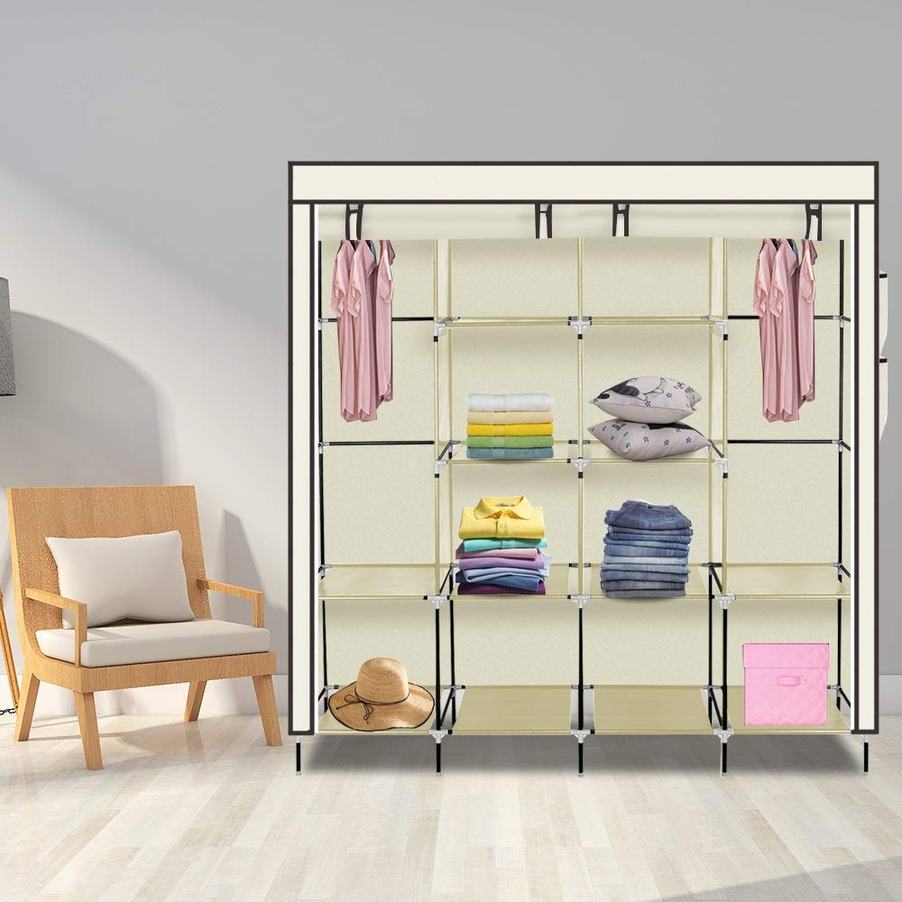 Portable Wardrobe Closet with 12 Shelves & 4 Side Pockets - Foldable Closet Organizer for Clothes Storage, Hanging Garments & Bedroom Organization - Durable & Easy to Assemble for Home, Dorm, or Travel Use