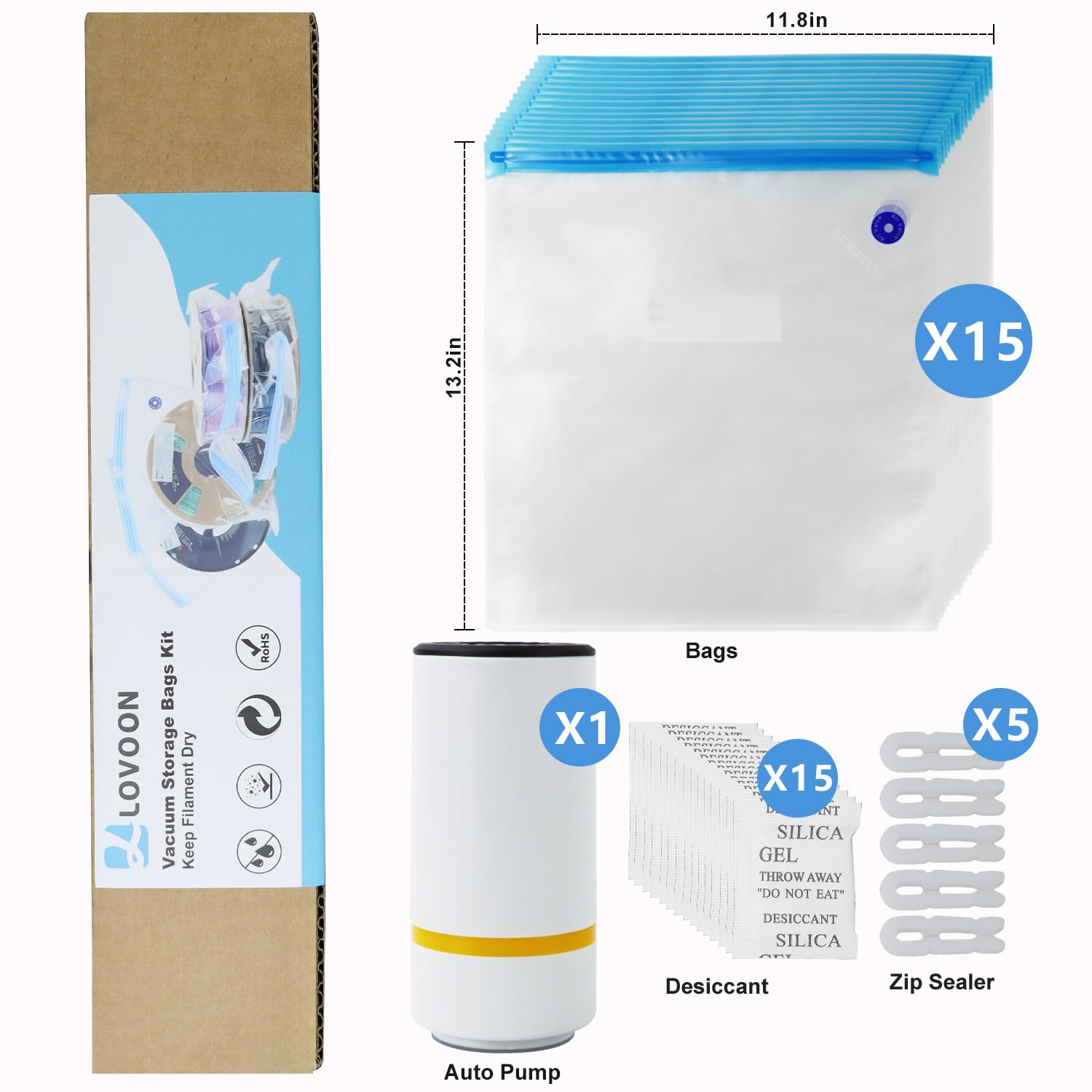 LOVOON 3D Printer Filament Storage Bags - 15-Pack Vacuum Sealed Kit with Auto Pump & Desiccants | Keep Filament Dry & Fresh | Perfect for PLA, ABS, PETG Filament Storage After Drying | Ideal for 3D Printing Enthusiasts & Makers