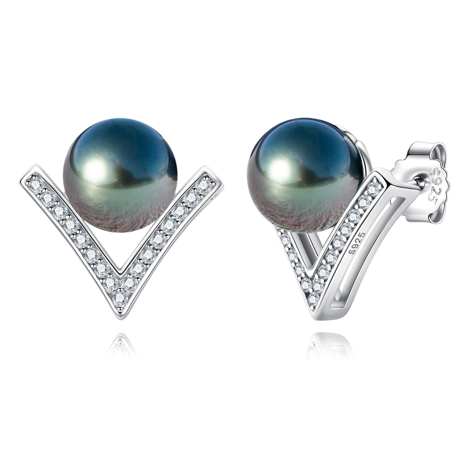 9-10MM AAA Tahitian Black Pearl Stud Earrings - 18K White Gold Plated Sterling Silver with D Color Moissanite - Classic V Design Jewelry for Women - Perfect for Weddings, Anniversaries & Special Occasions