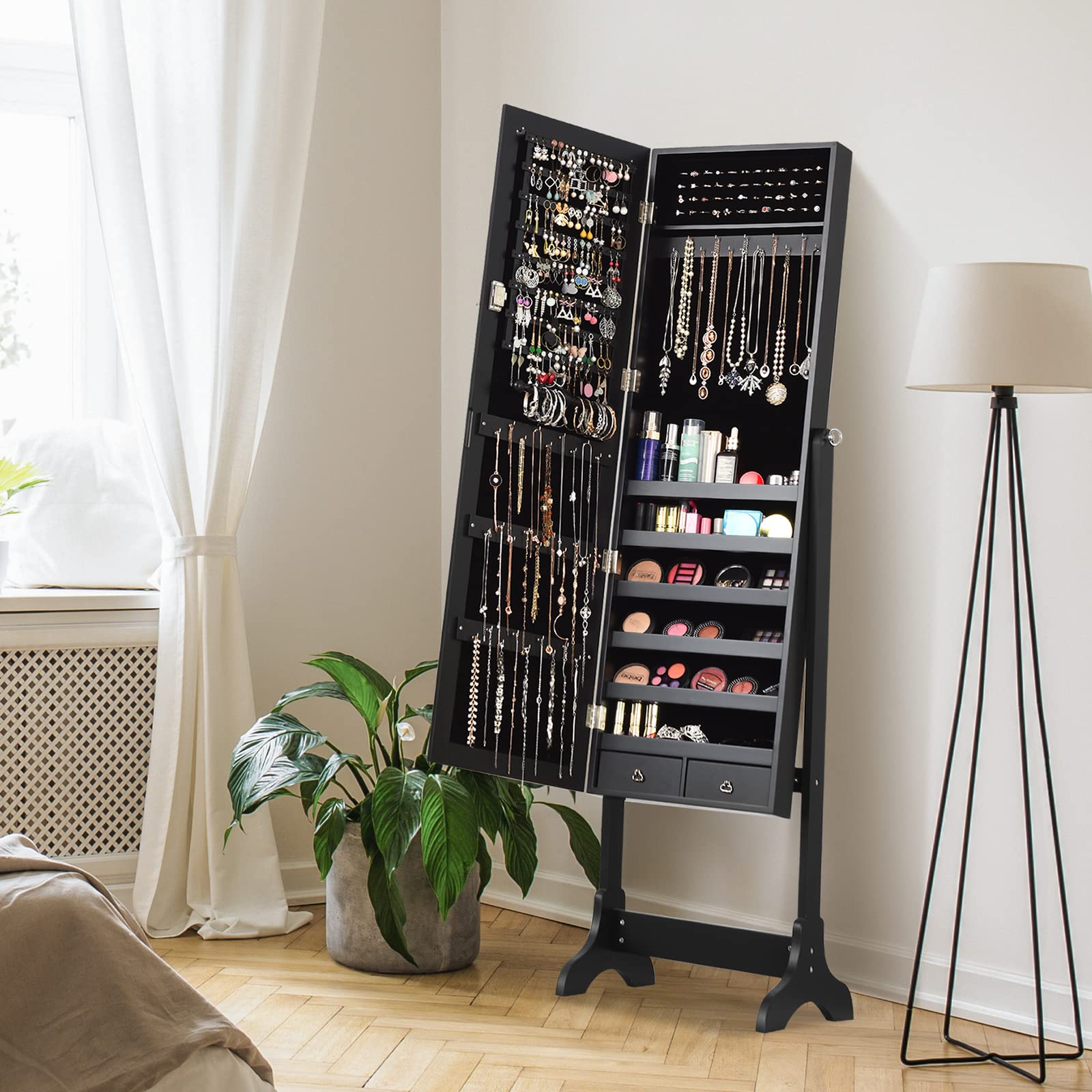 Lockable Full-Length Mirror Jewelry Armoire Organizer - Large Jewelry Storage Cabinet with 4 Adjustable Hooks & 2 Drawers, 2-in-1 Jewelry Box for Necklaces, Rings & Accessories - Perfect for Bedroom, Closet & Dressing Room (Black)