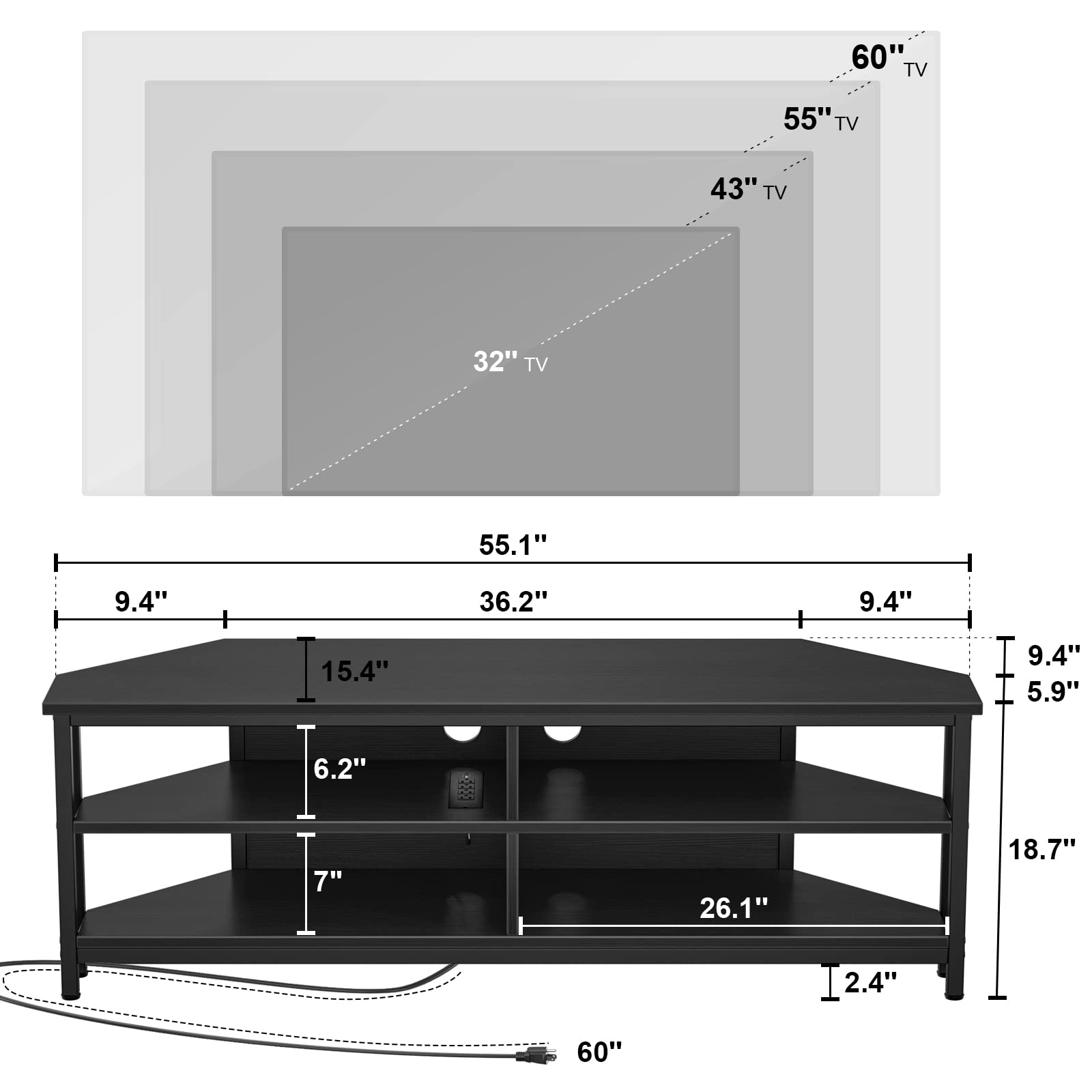 Unikito Corner TV Stand with Power Outlet - Wooden Entertainment Center with 4 Open Shelves, Corner TV Cabinet for Living Room & Bedroom - Fits 55 Inch TVs (Black) | Perfect for Small Spaces & Home Theater Setups