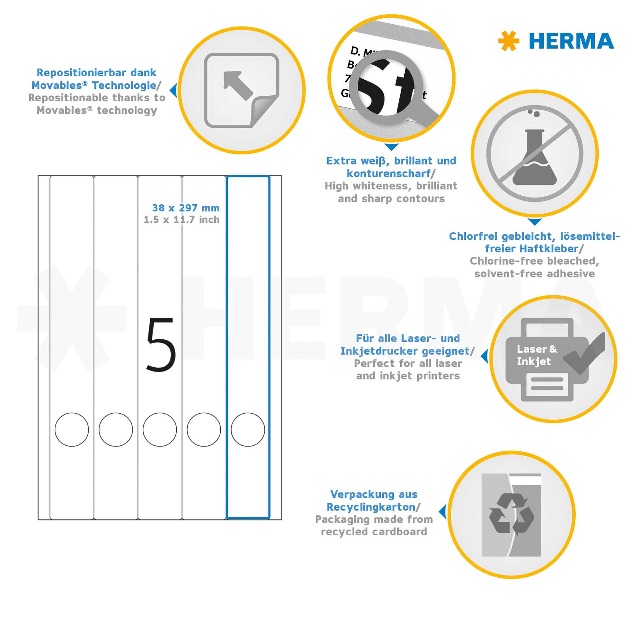 HERMA 10175 Removable Self-Adhesive Spine Labels - 5 Labels per A4 Sheet, 25 Sheets (125 Total), 38 x 297 mm - Blank Lever Arch File Stickers for Laser & Inkjet Printers - Perfect for Office Organization, File Folders & Document Management - White