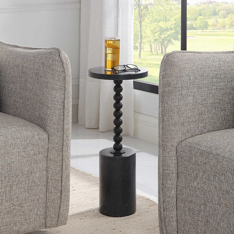 10 x 24 Inch Satin Black Accent Table with Beaded Drink Holder - Perfect for Living Room, Bedroom, or Office Decor
