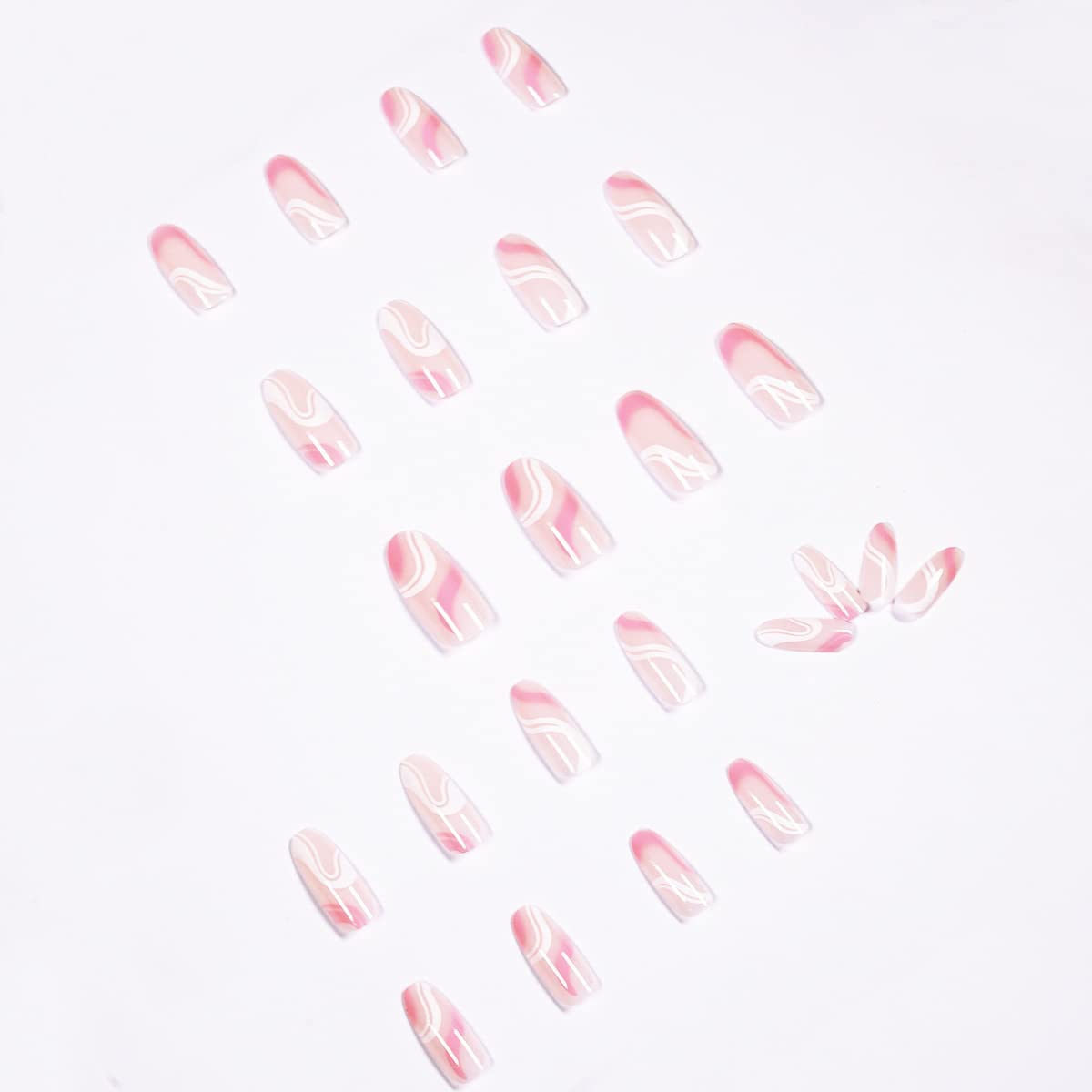 VIKSON INTERNATIONAL 24-Piece Press On Nails - Pink & White UV Gel Glossy Abstract Fake Nail Extensions Set with Nail Glue & Stickers - Perfect for Women & Girls | Salon-Quality Manicure at Home | Great for Parties, Weddings & Special Occasions