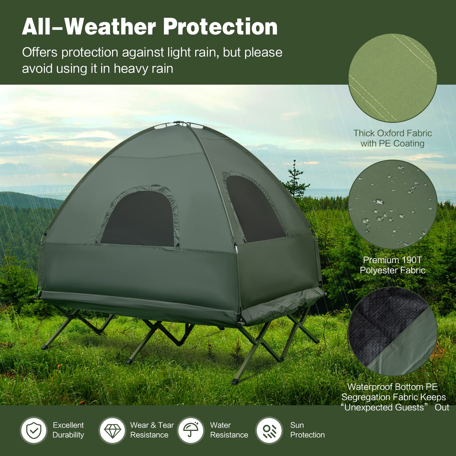 Moccha Folding Camping Tent Cot with Sleeping Bag & Air Mattress - Elevated Portable Outdoor Sleeping System for Camping, Hiking, Backpacking & Picnic - Includes Carry Bag for Easy Transport