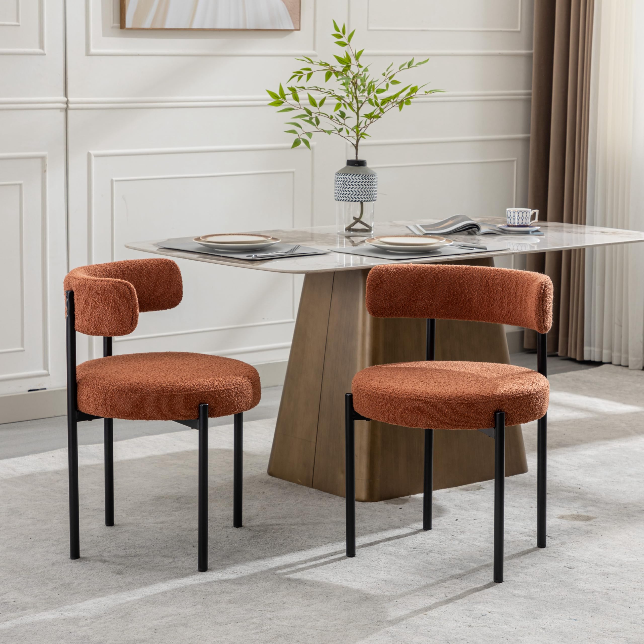 Rust Dining Chairs Set of 4 - Mid-Century Modern Upholstered Boucle Kitchen & Dining Room Chairs with Black Metal Legs - Perfect for Farmhouse, Contemporary & Small Space Dining Areas