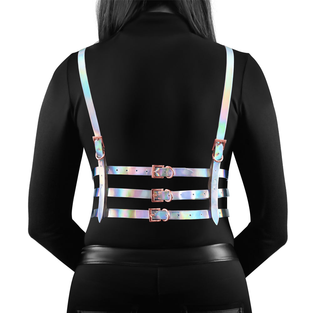 Cosmo Bewitch Holographic Rainbow Strappy Chest Harness - Edgy Gothic Fashion Accessory for Rave, Festival, and BDSM Outfits