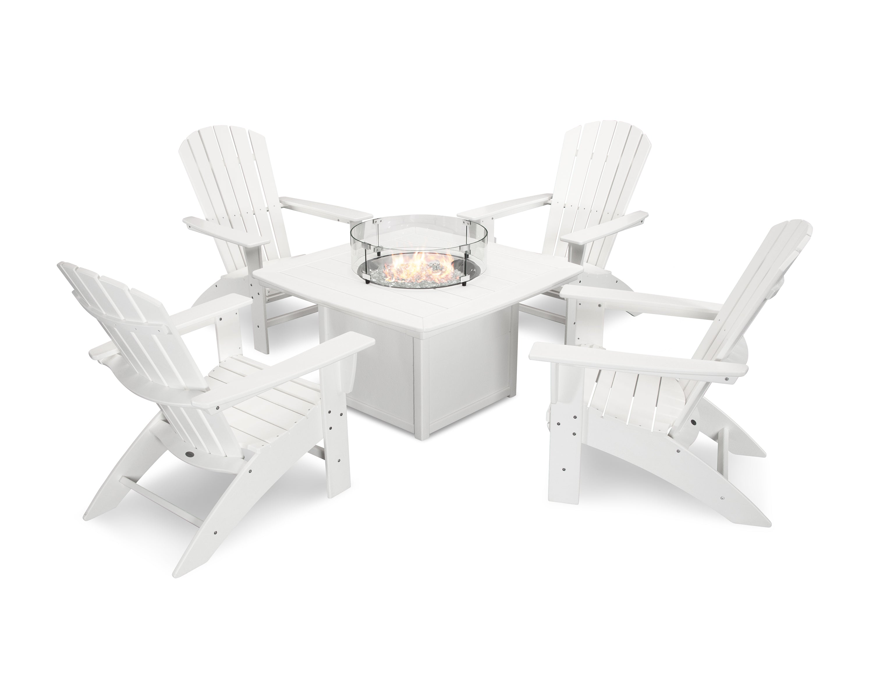 POLYWOOD Nautical Curveback Adirondack 5-Piece Outdoor Conversation Set with Fire Pit Table - Perfect for Patio, Deck, Poolside & Backyard Relaxation