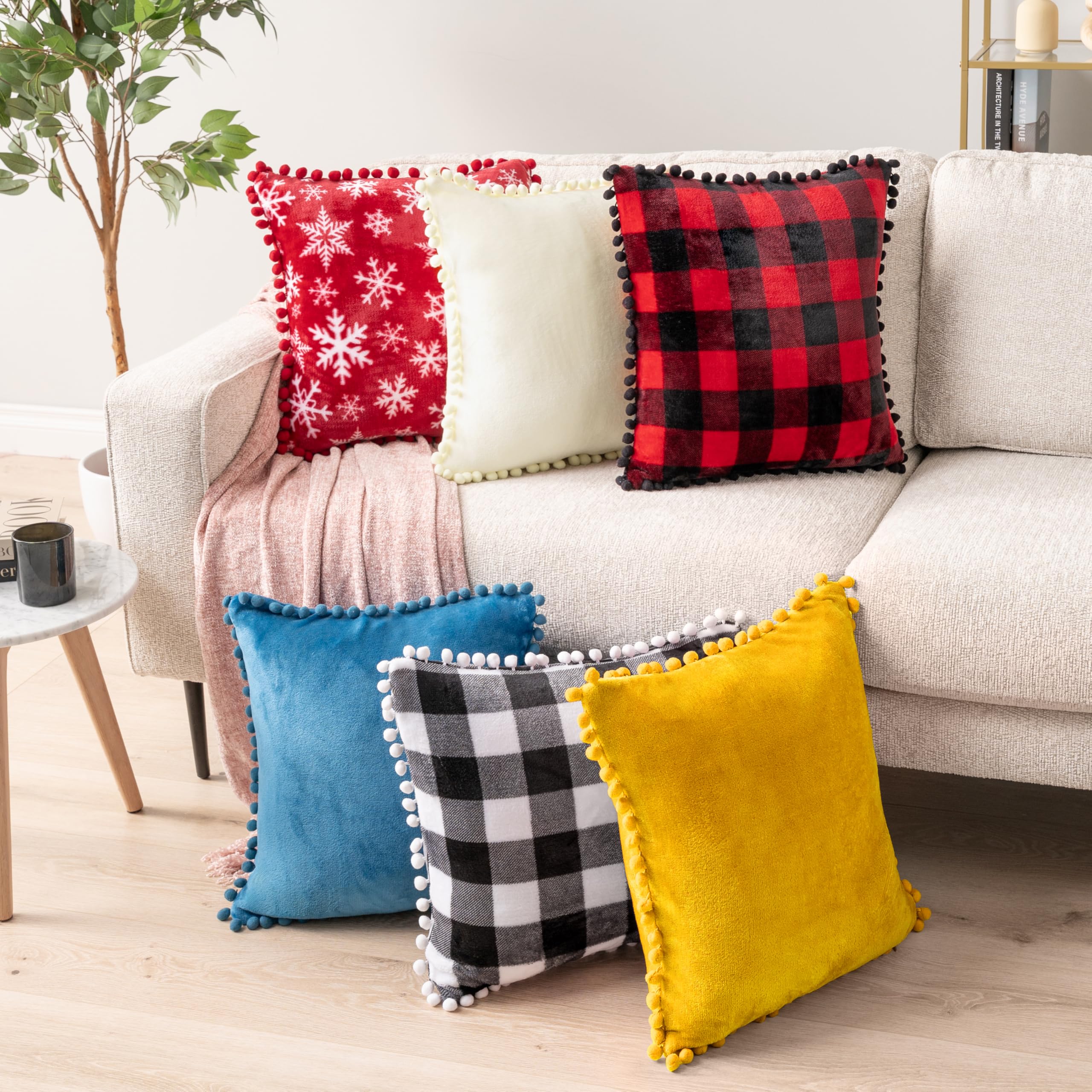 PAVILIA Mustard Yellow Velvet Euro Plush Throw Pillow Covers with Pom Pom - Set of 2 (20x20 Inches) - Decorative Cushion Covers for Bed, Sofa & Couch - Soft Luxury Pillowcases for Bedroom Aesthetic & Living Room Decor